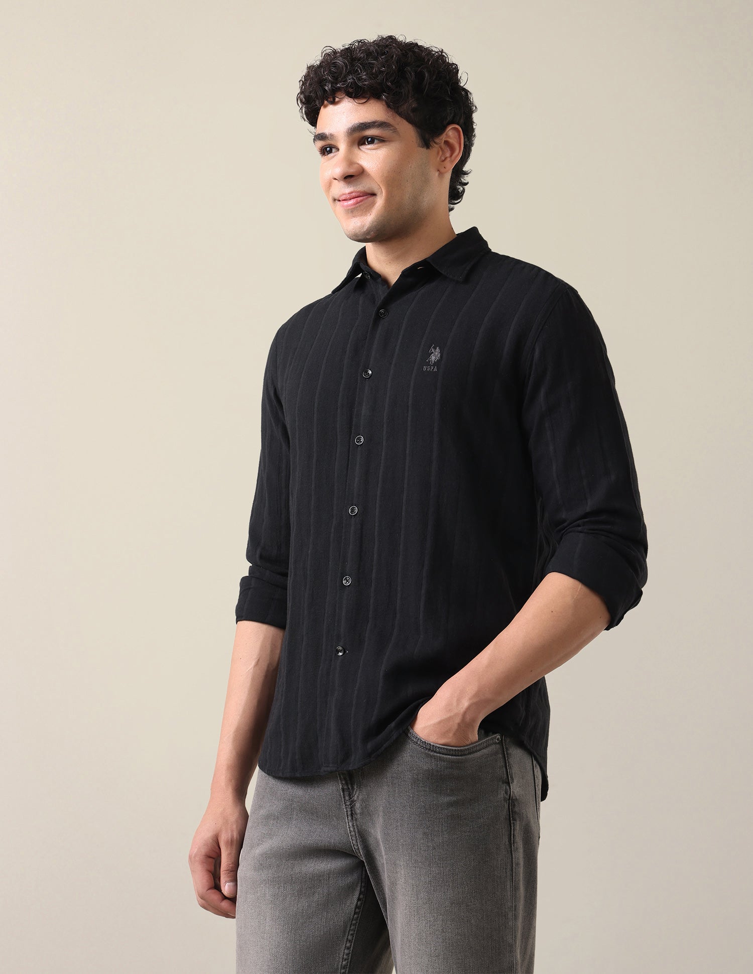Self Design Vertical Striped Regular Fit Shirt Black - U.S. Polo Assn. India | Large