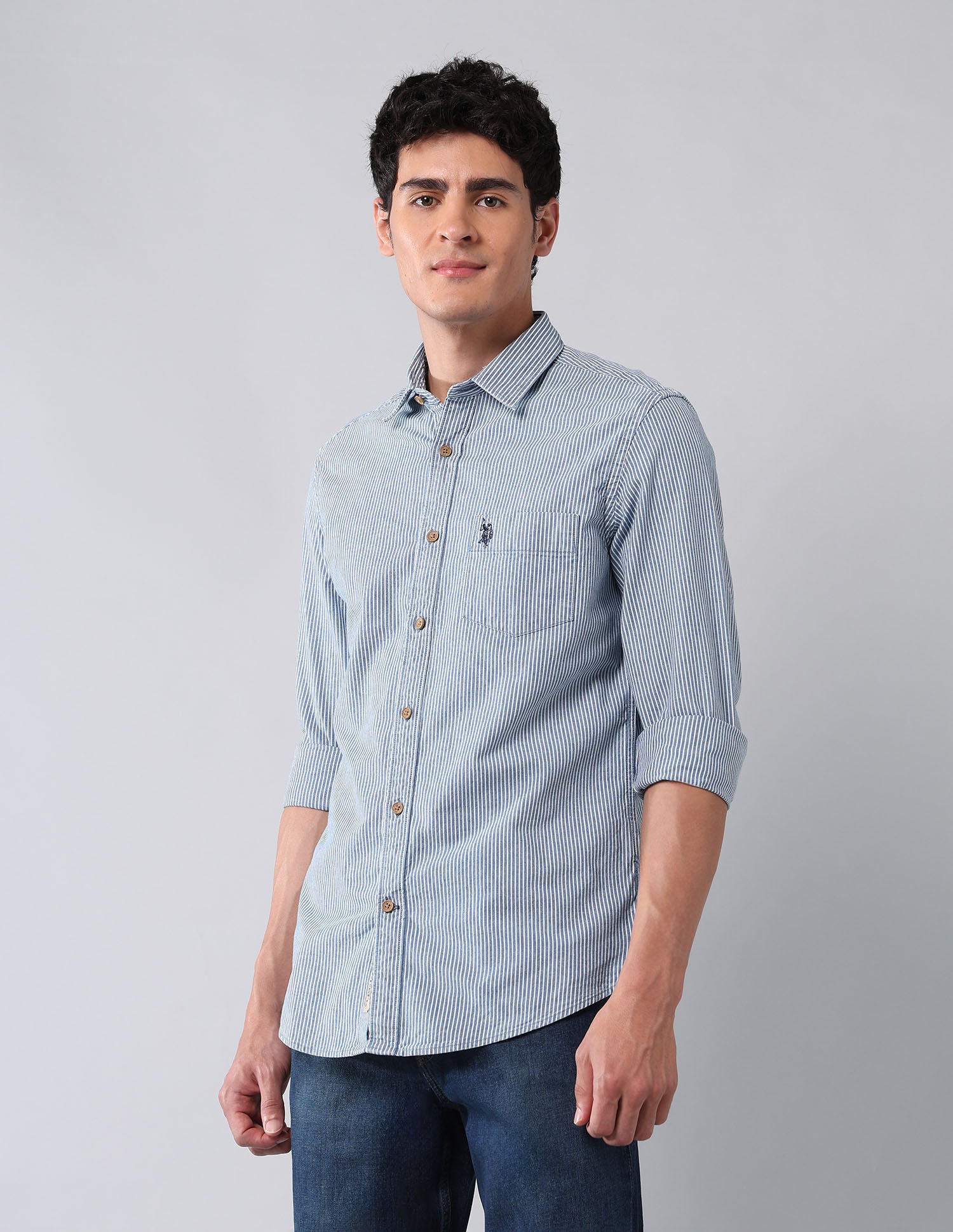 Vertical Striped Pure Cotton Shirt Indigo - U.S. Polo Assn. India | Large