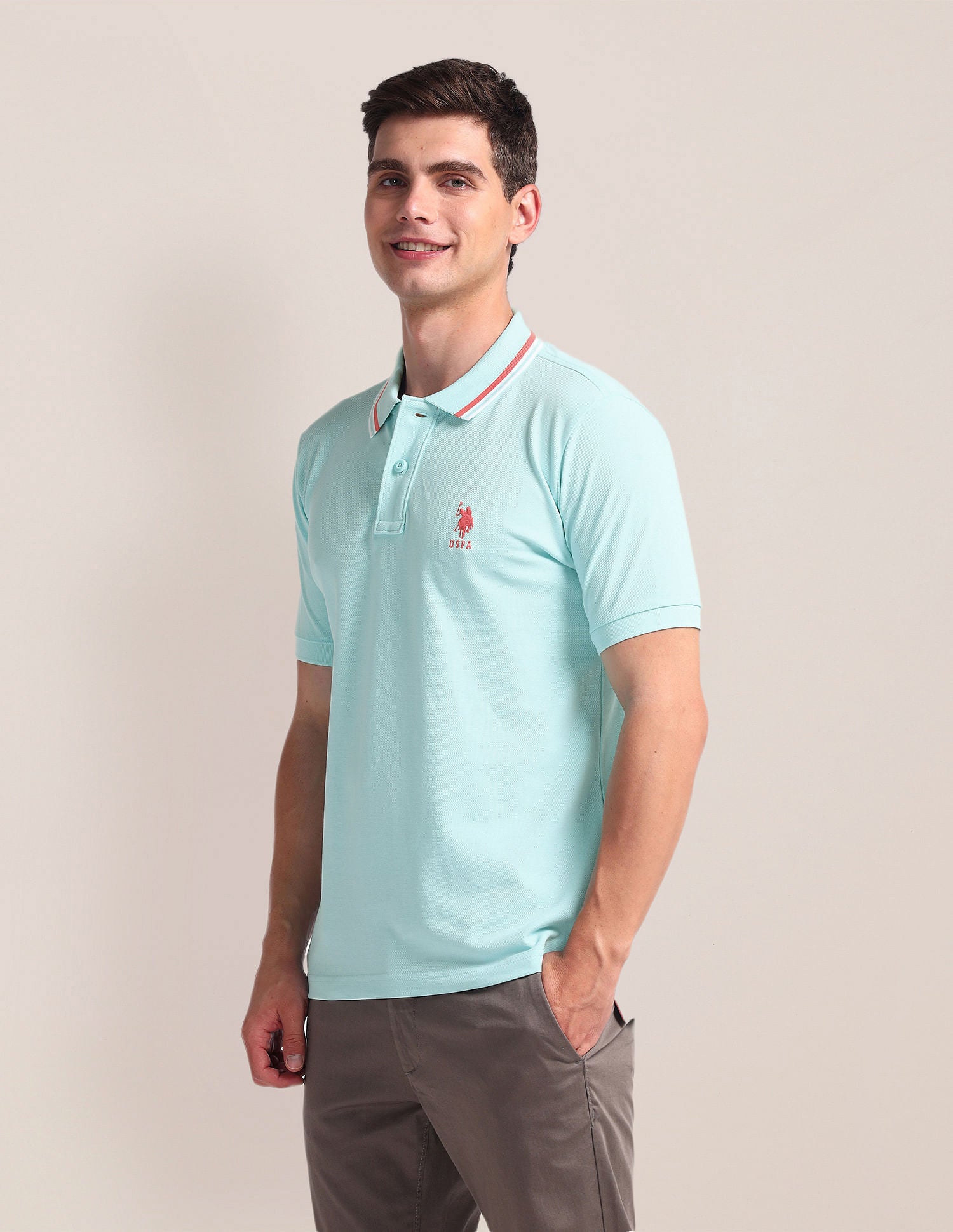 Tipped Collar Slim Polo Shirt Light Blue - U.S. Polo Assn. India | Large