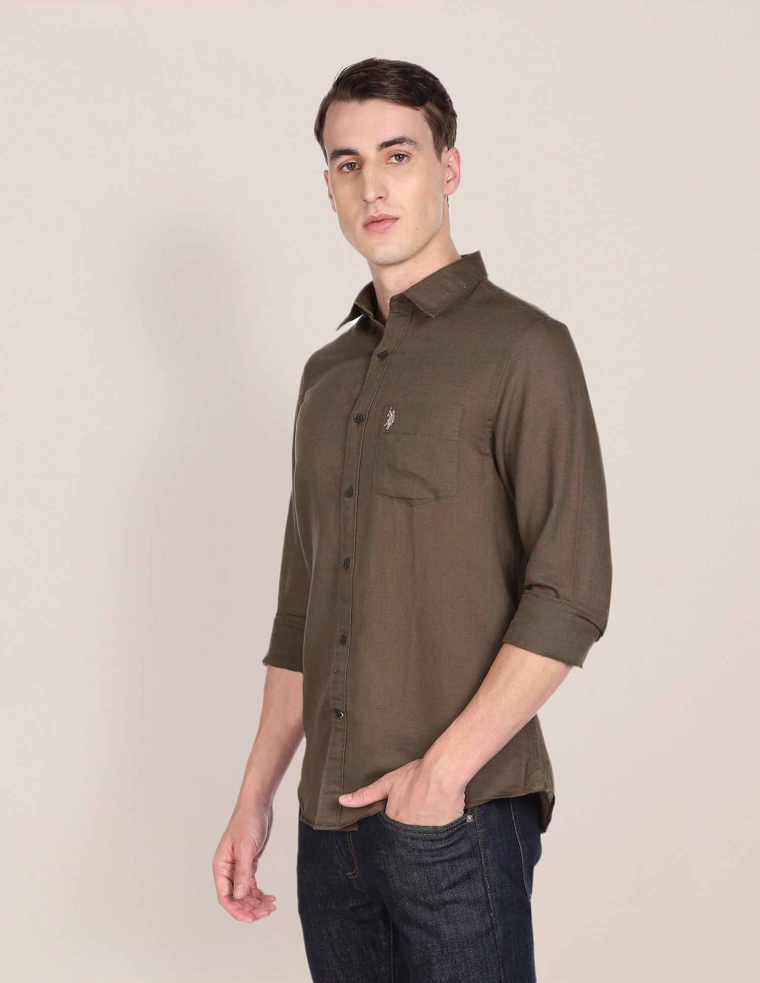 Oxford Weave Solid Casual Shirt Brown - U.S. POLO ASSN. | Large