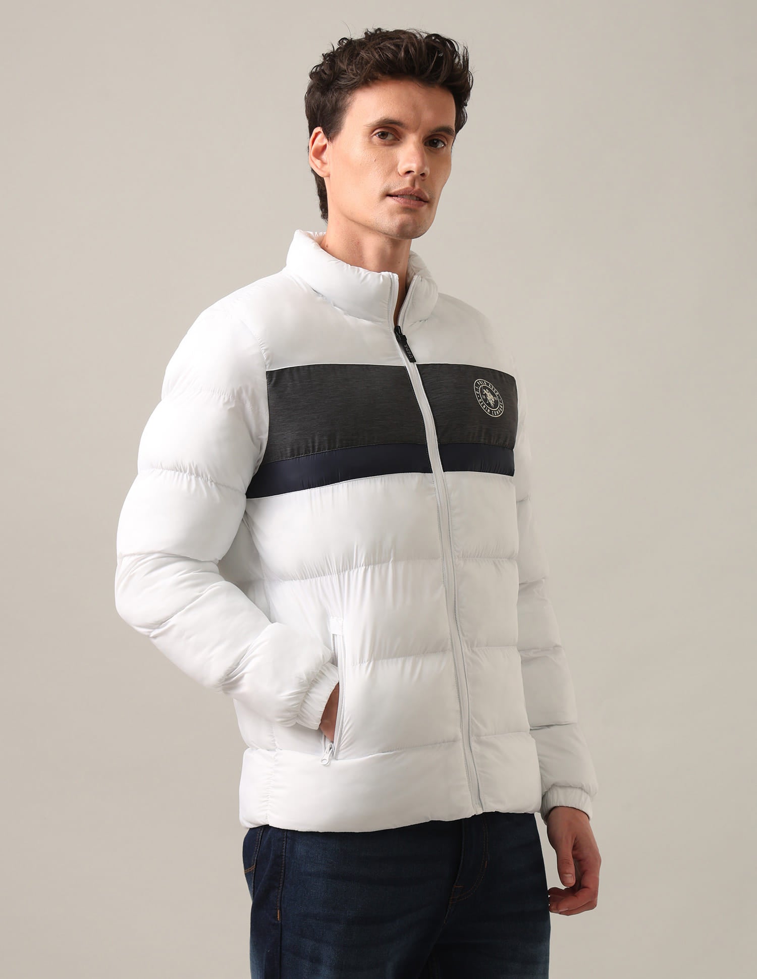 High Neck Colour Block Puffer Jacket White - U.S. Polo Assn. India | Large