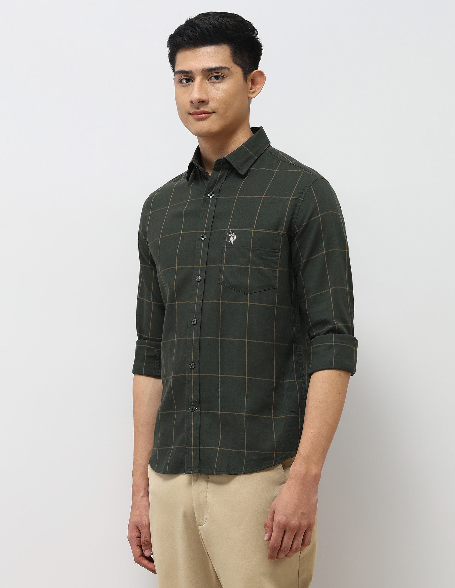 Pure Cotton Tailored Fit Shirt Dark Green - U.S. Polo Assn. India | Large