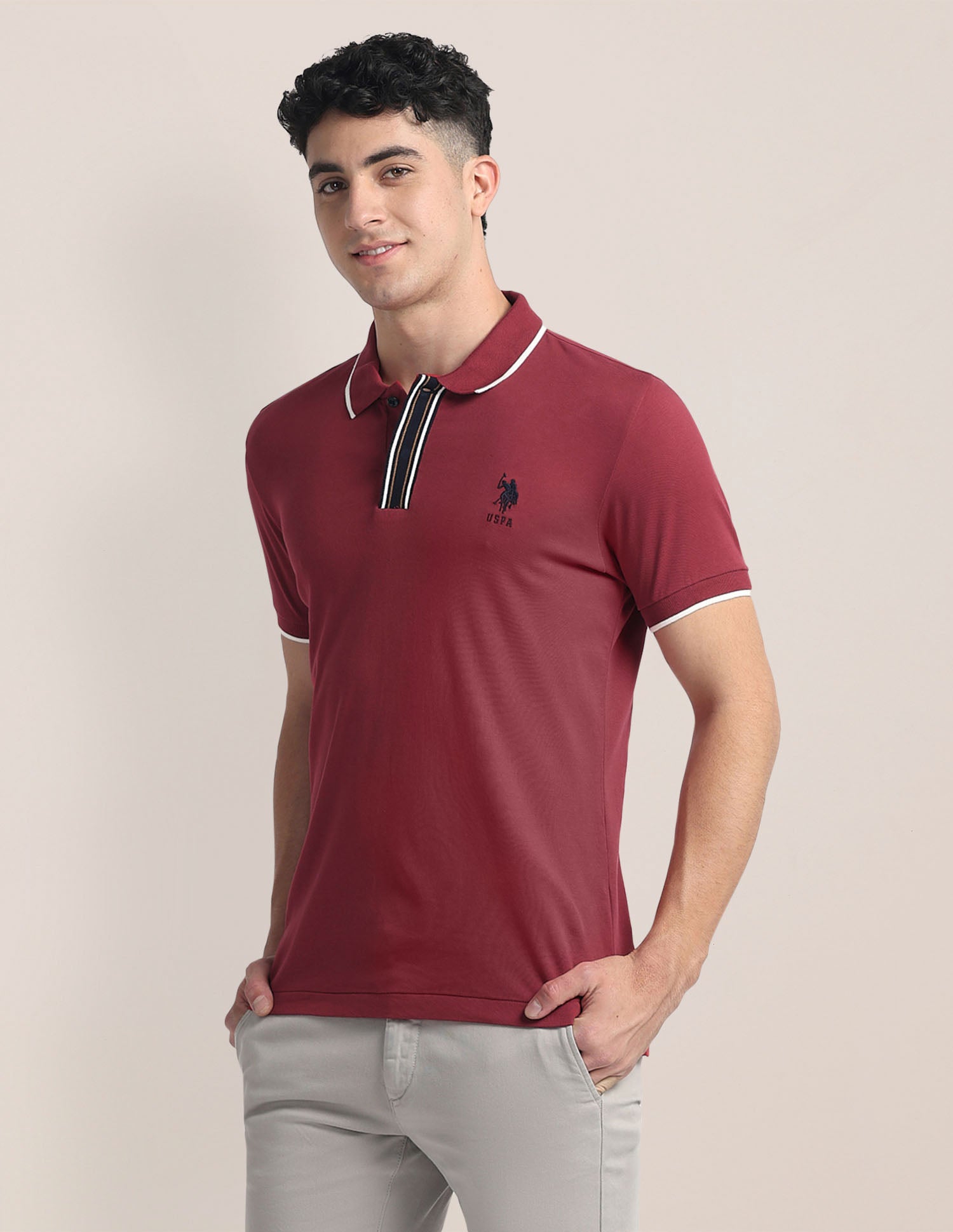 Striped Placket Slim Fit Polo Shirt Maroon - U.S. Polo Assn. India | Large