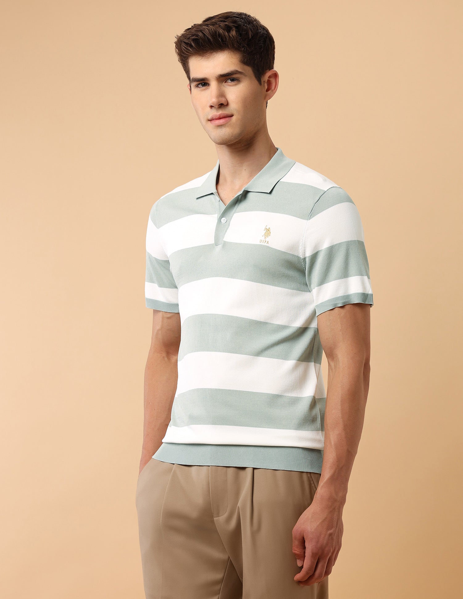 Pacho X Horizontal Striped Slim Fit Polo Shirt Light Green - U.S. Polo Assn. India | Large