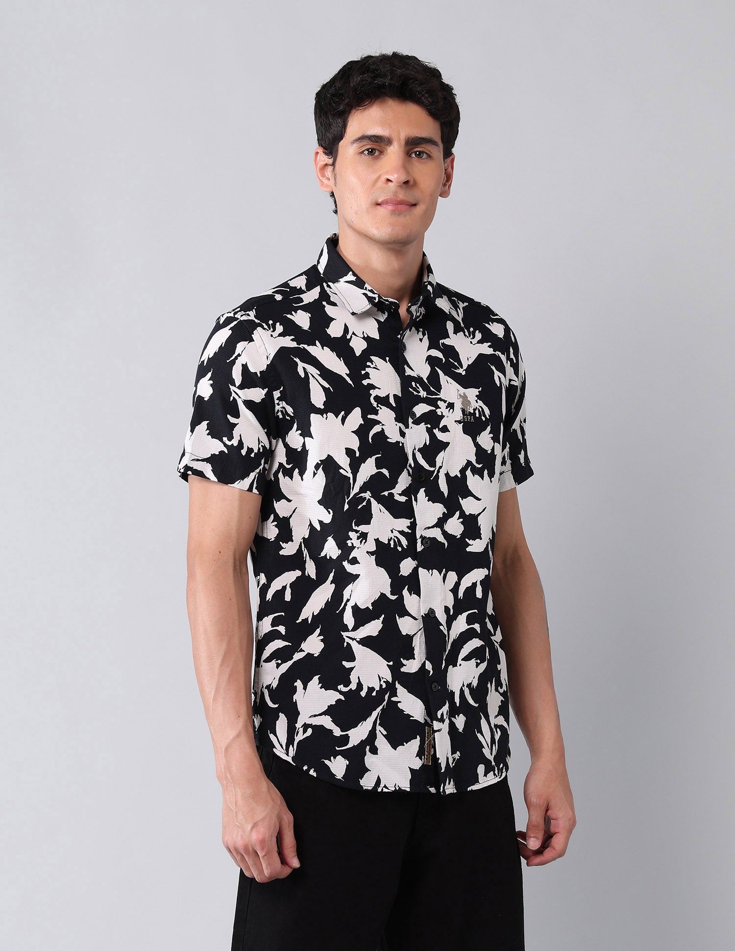 Floral Printed Pure Cotton Shirt Black - U.S. Polo Assn. India | Large