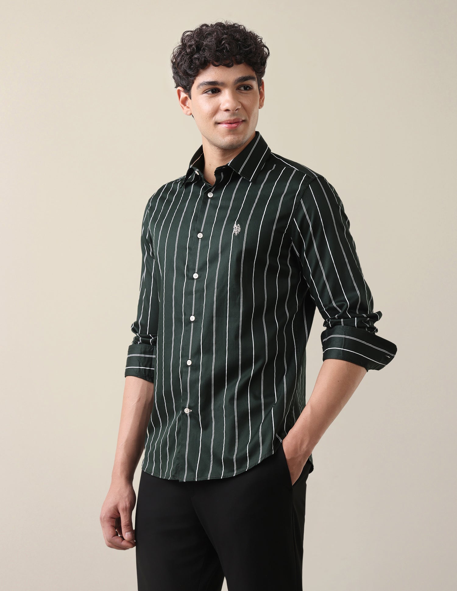 Satin Vertical Striped Shirt Dark Green - U.S. Polo Assn. India | Large
