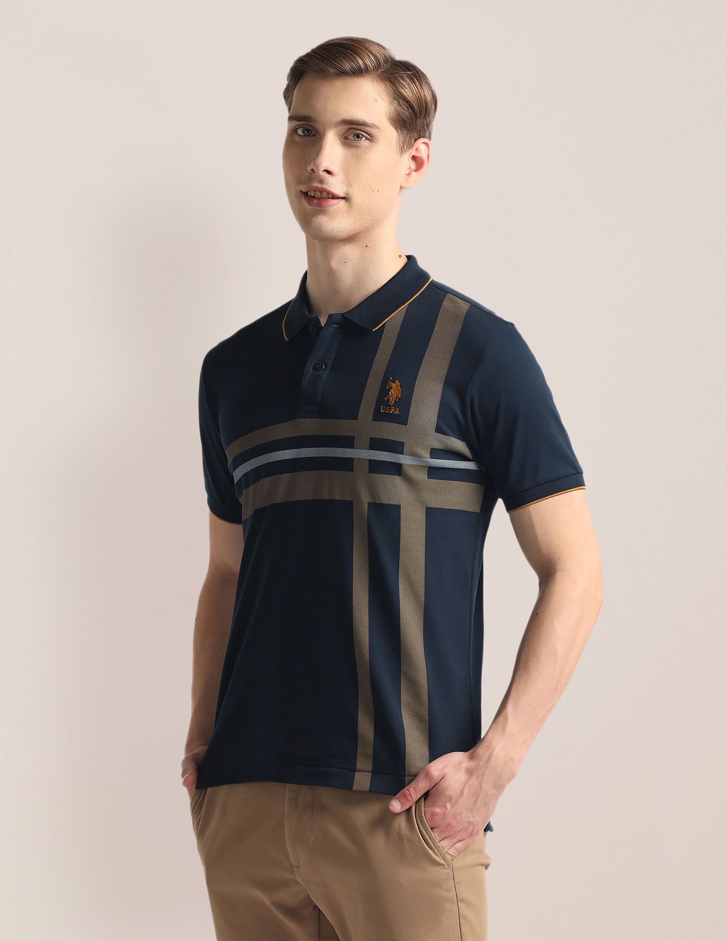 Ribbed Collar Stripe Polo Shirt Navy - U.S. Polo Assn. India | Large