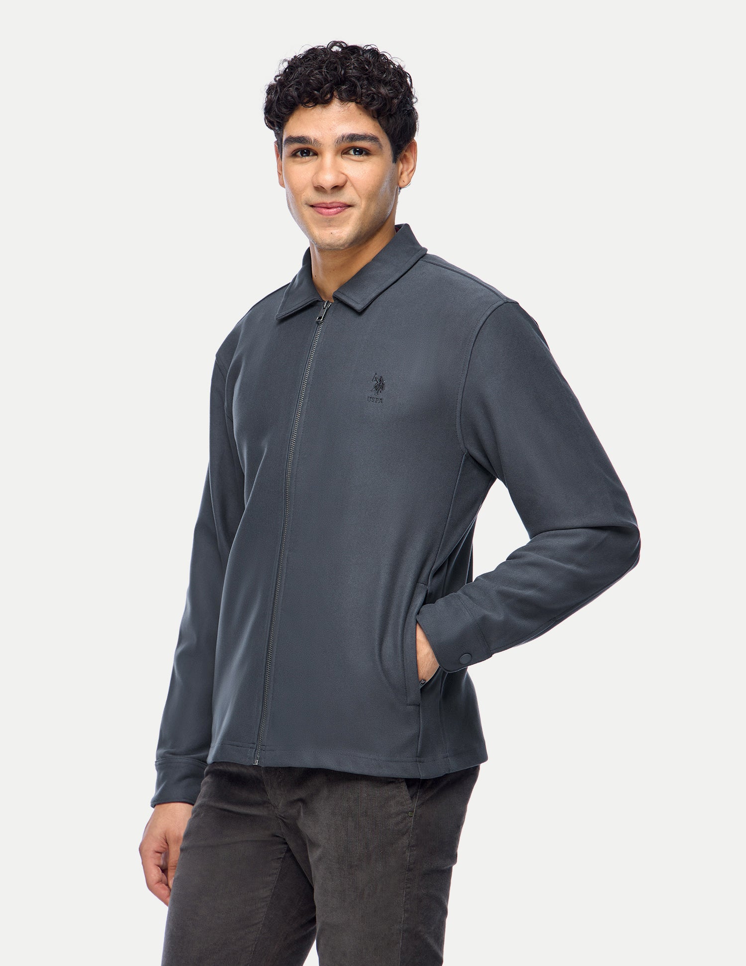Solid Slim Fit Zipper Sweatshirt Dark Grey - U.S. Polo Assn. India | Large
