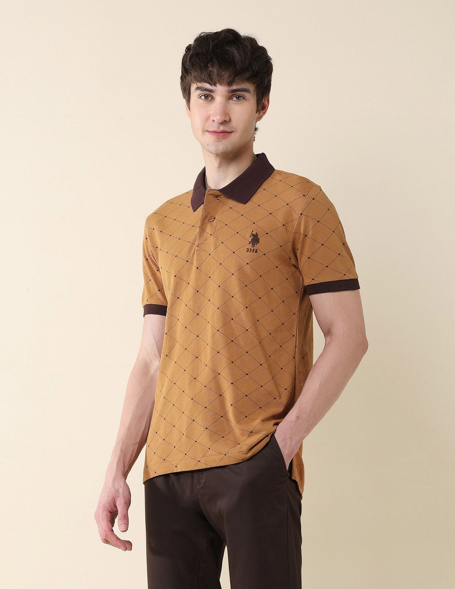 All Over Printed Slim Fit Polo Shirt Brown - U.S. Polo Assn. India | Large
