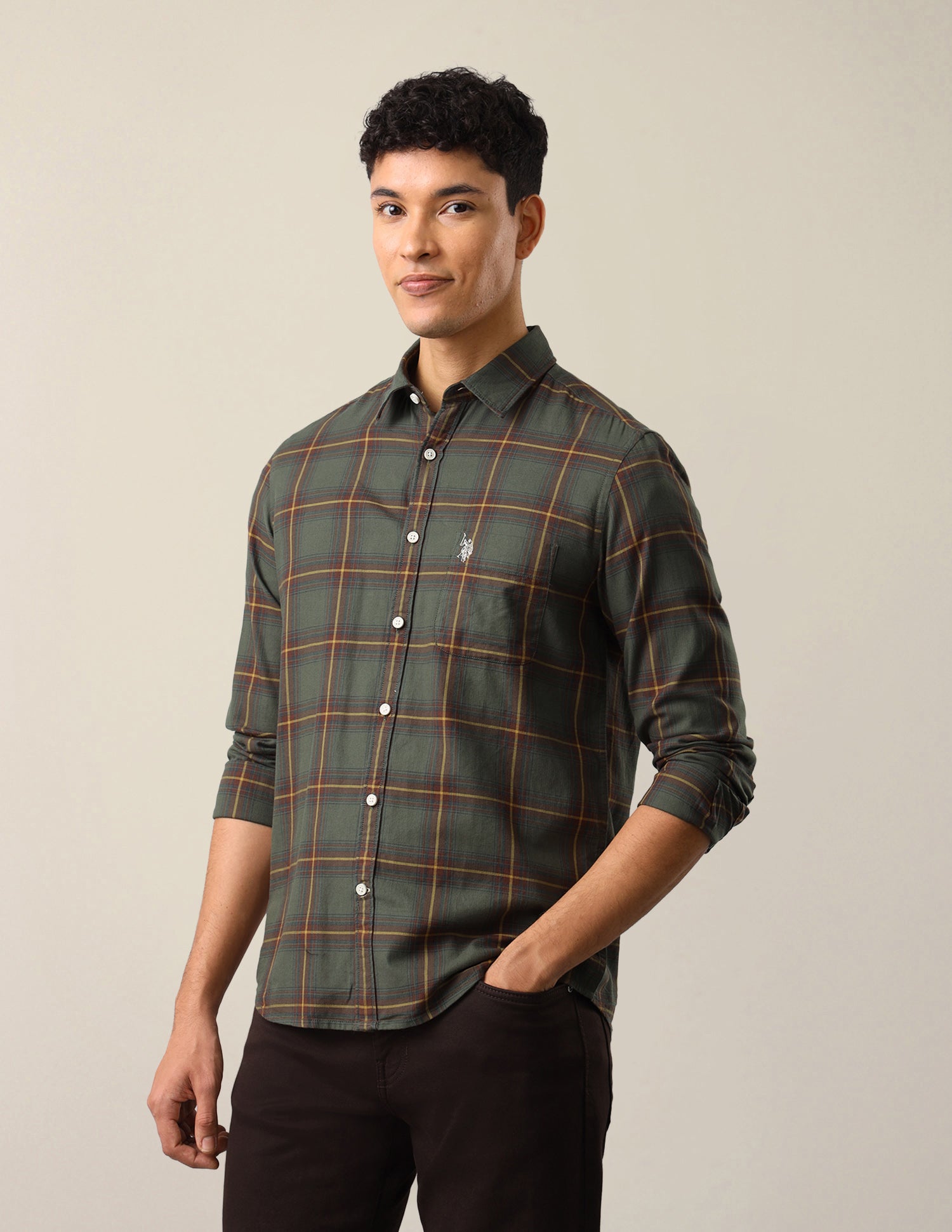 Twill Windowpane Checked Shirt Olive - U.S. Polo Assn. India | Large