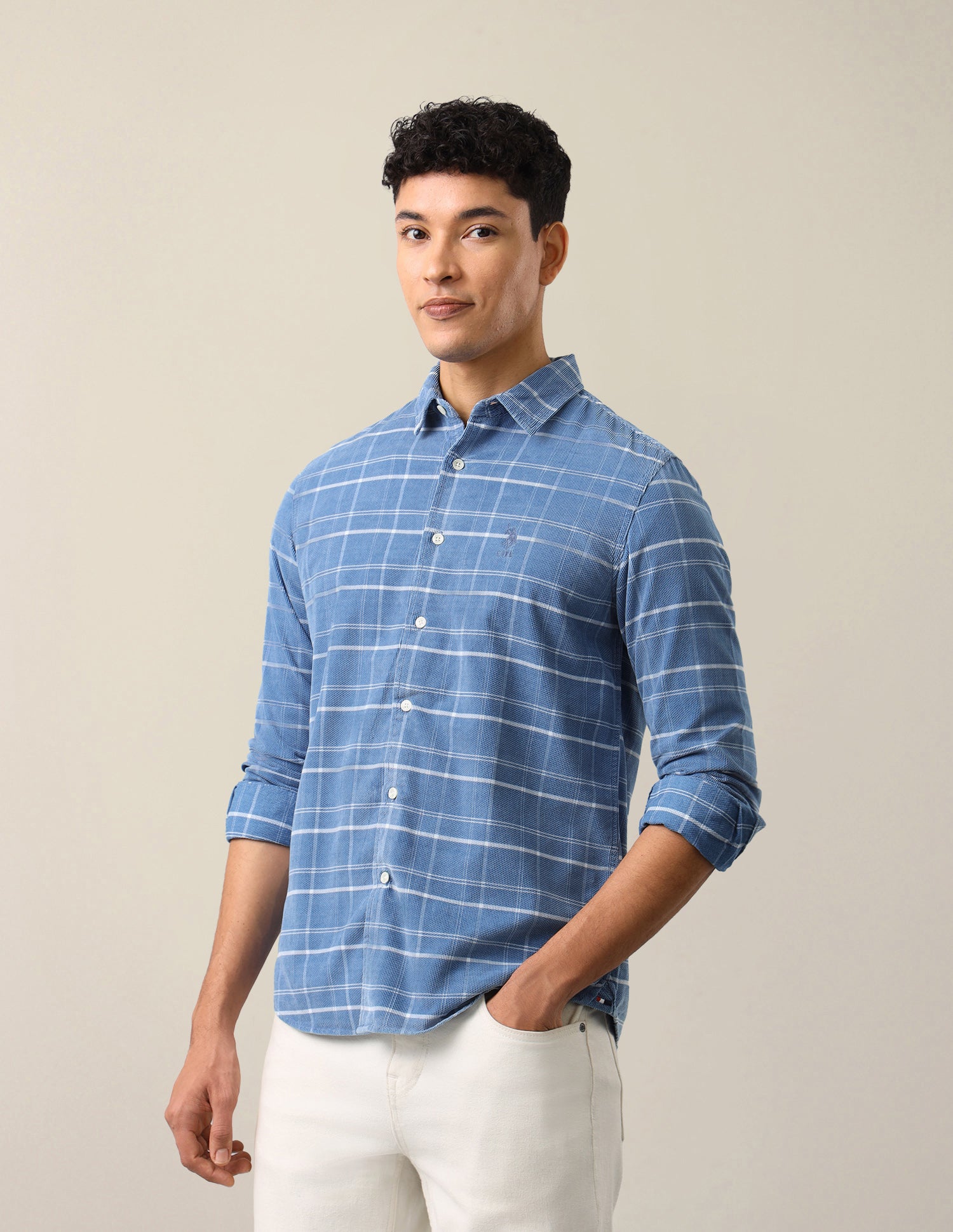 Corduroy Grid Tattersall Checked Shirt Light Indigo - U.S. Polo Assn. India | Large