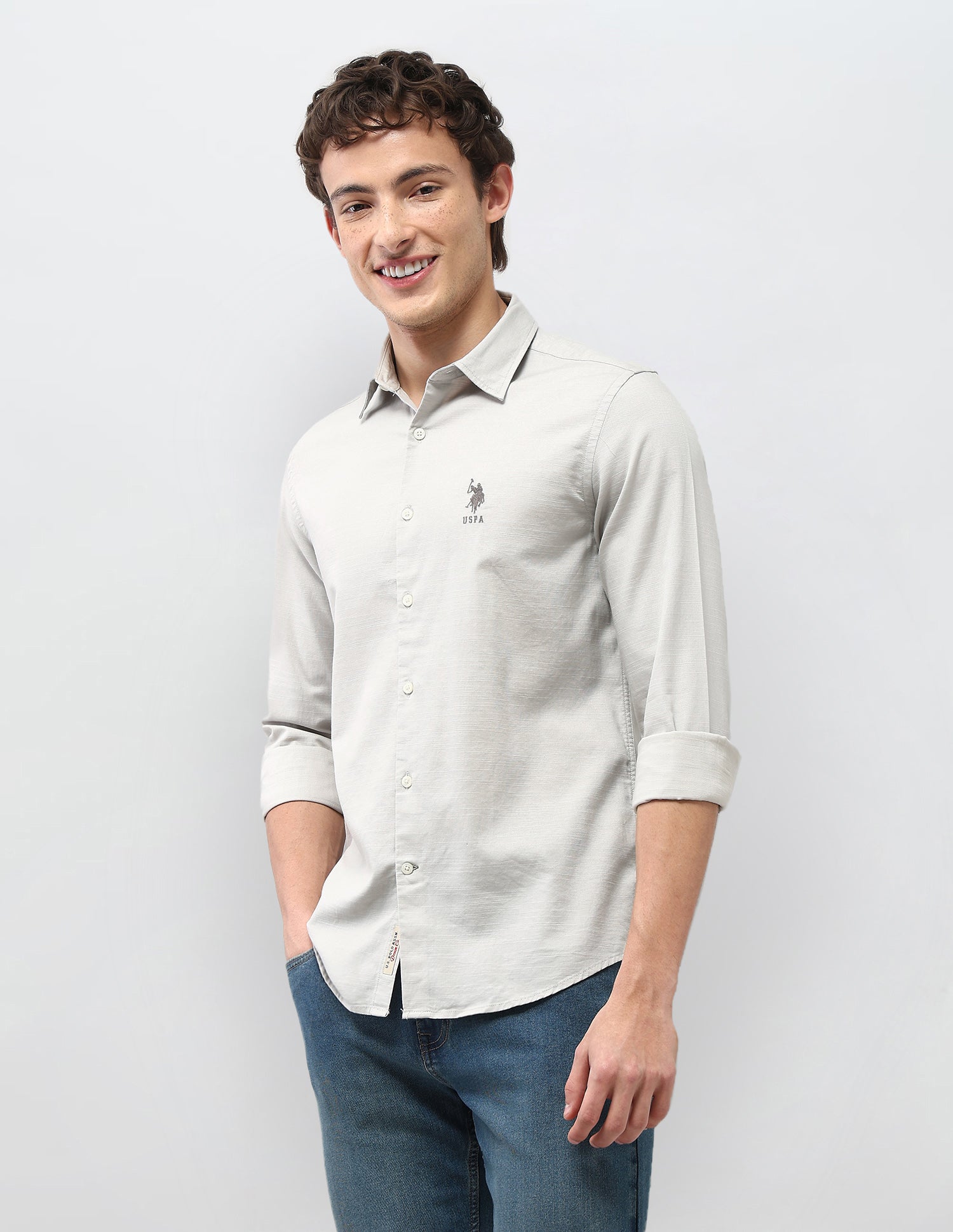 Motel On The Coast Solid Regular Fit Shirt Light Grey - U.S. Polo Assn. India | Large