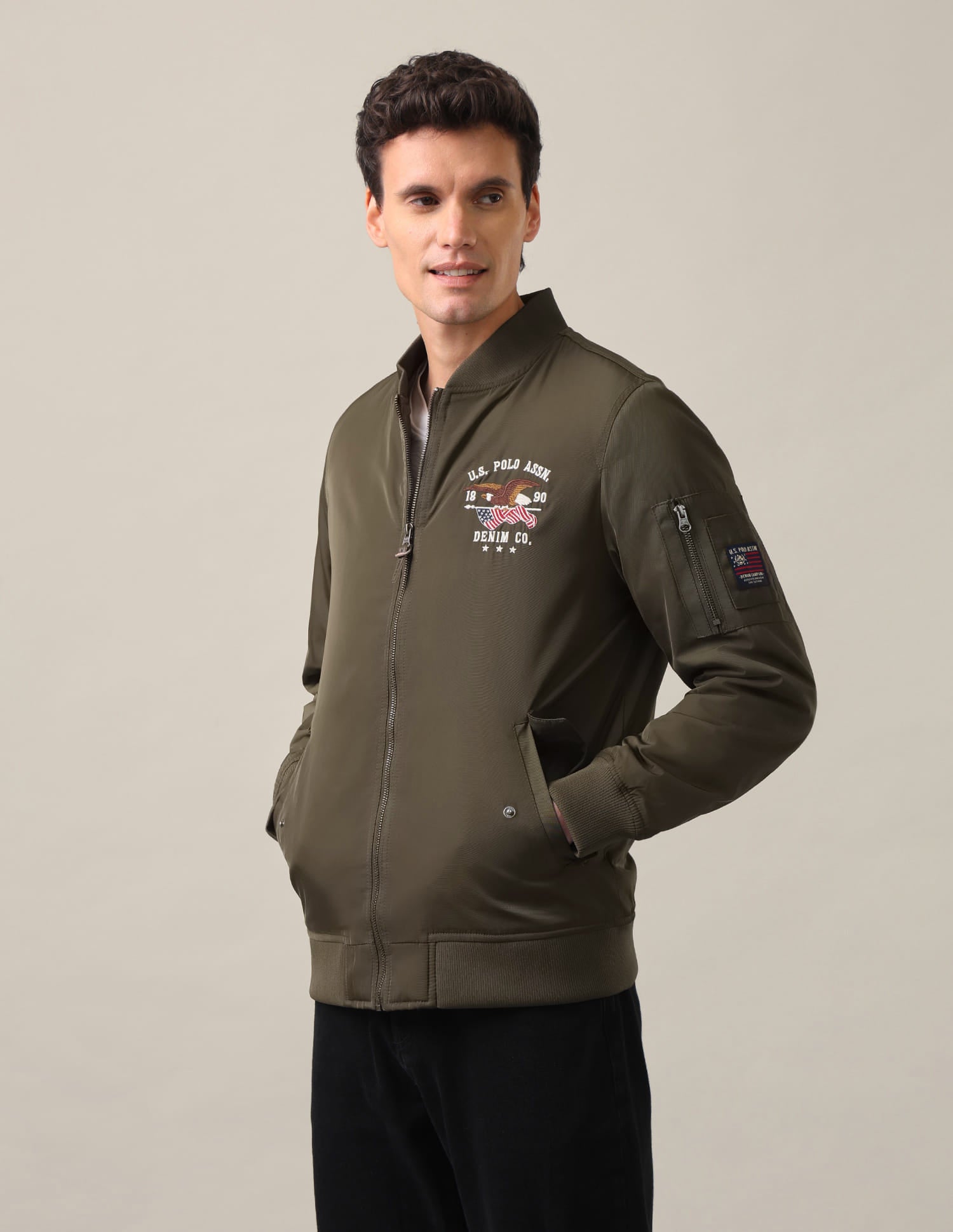 Stand Collar Brand Embroidered Polyester Bomber Jacket Olive - U.S. Polo Assn. India | Large