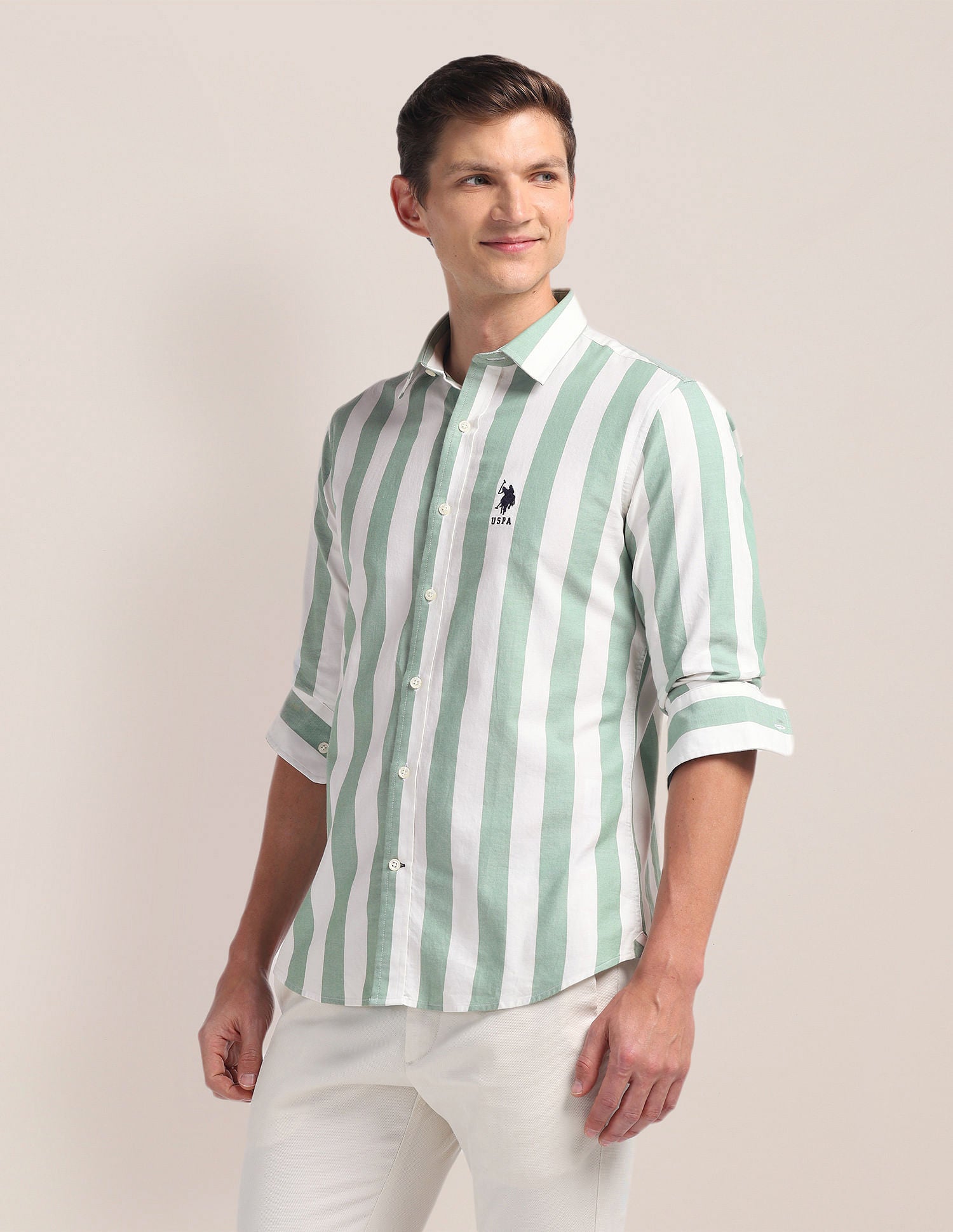 Pure Cotton Stripes Shirt Green - U.S. POLO ASSN. | Large