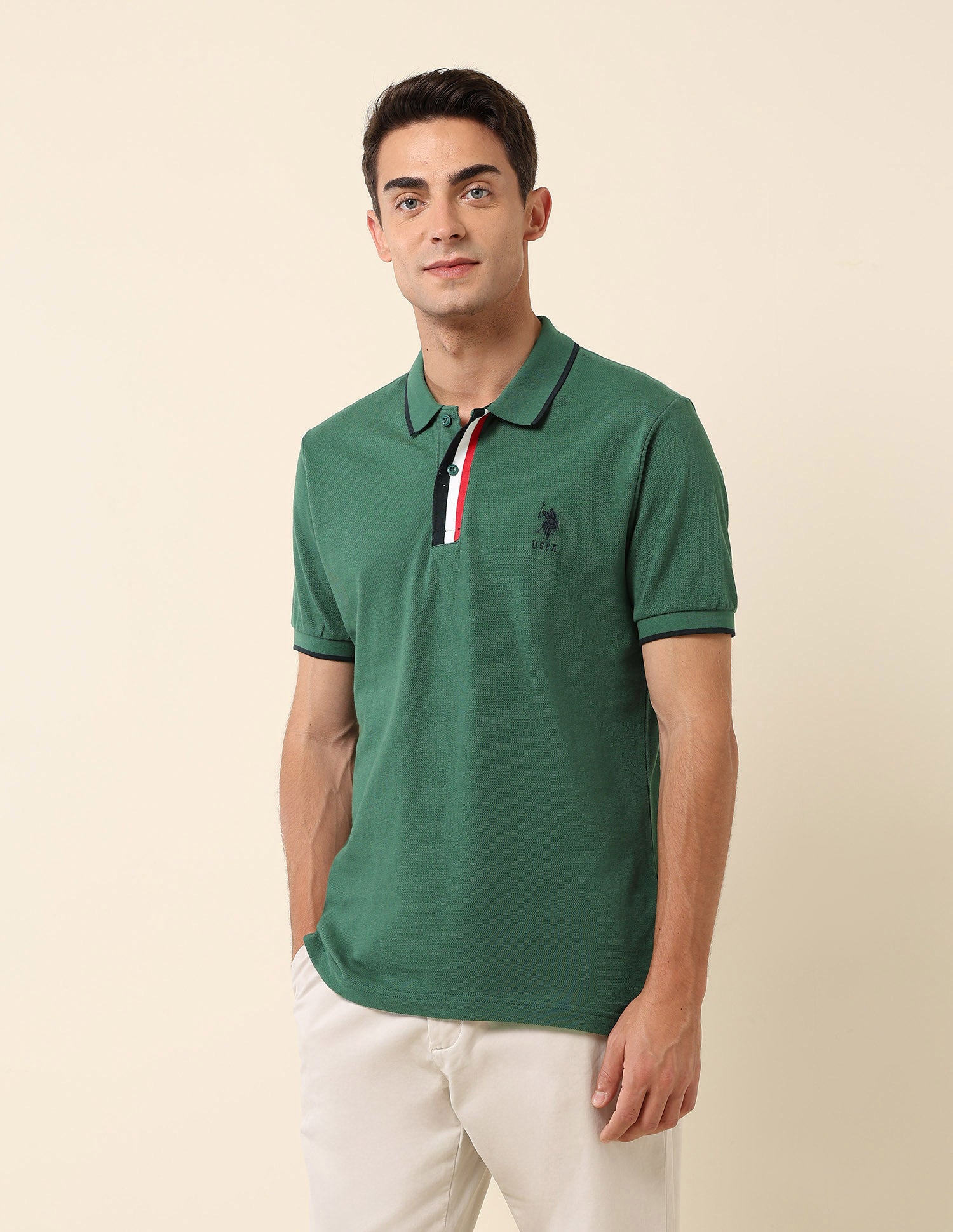 Slim Fit Solid Polo Shirt Dark Green - U.S. Polo Assn. India | Large