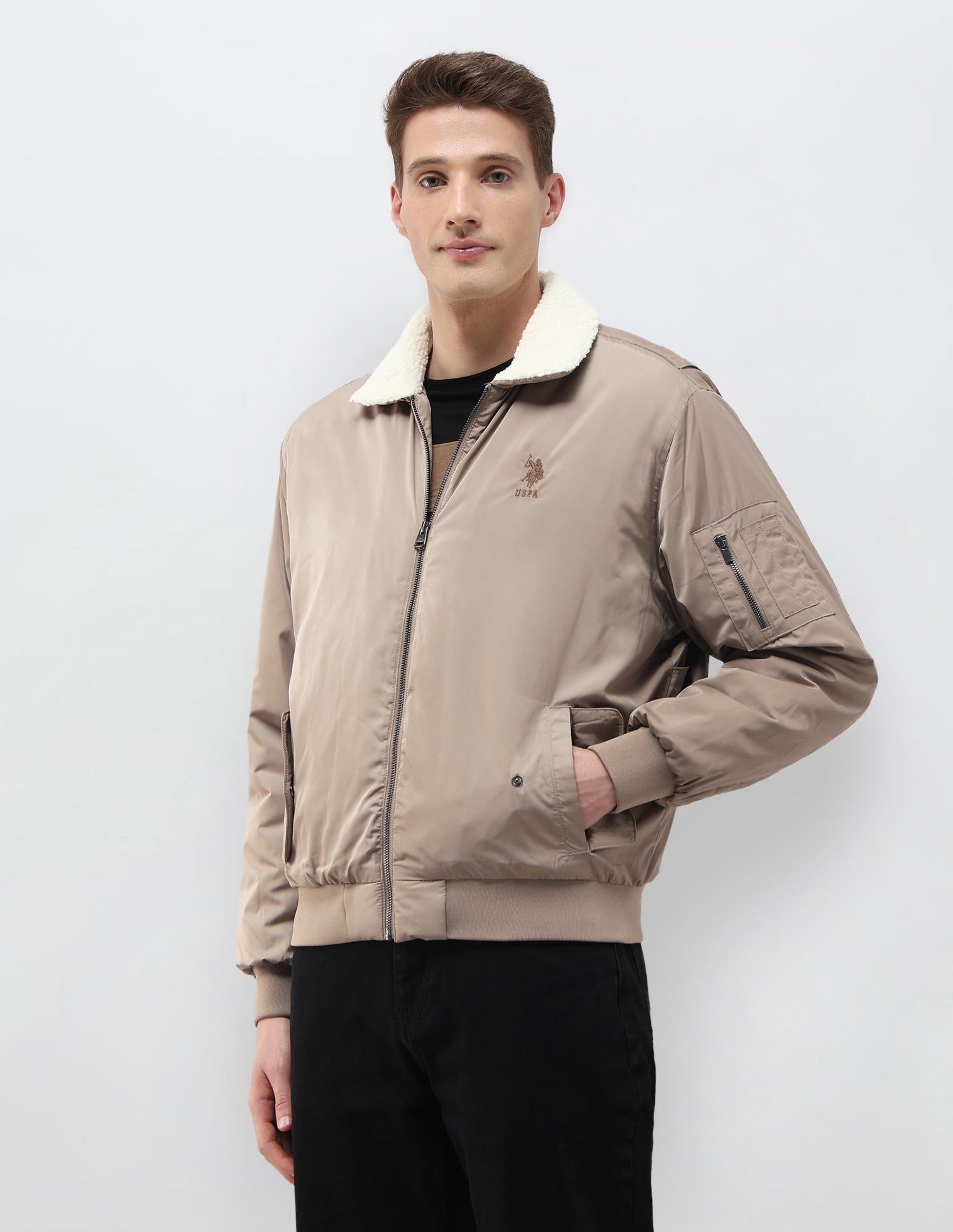 Solid Regular Fit Bomber Jacket Coffee - U.S. Polo Assn. India | Large
