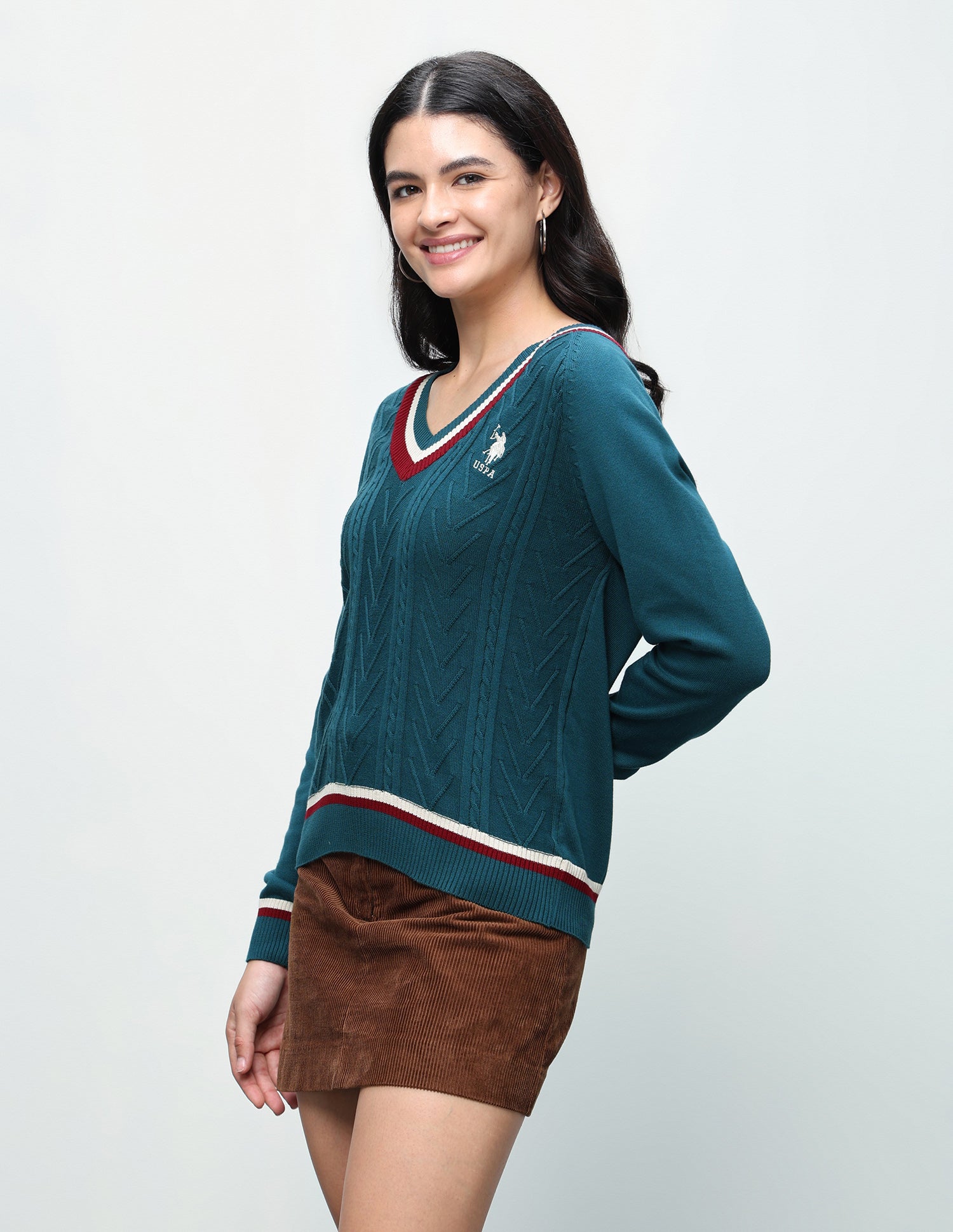 Cable Patterned Knit Regular Fit Sweater Teal - U.S. Polo Assn. India | Large