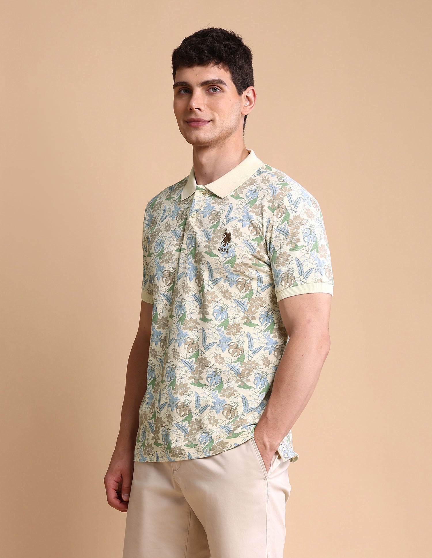 Floral Printed Slim Fit Polo Shirt Beige - U.S. POLO ASSN. | Large