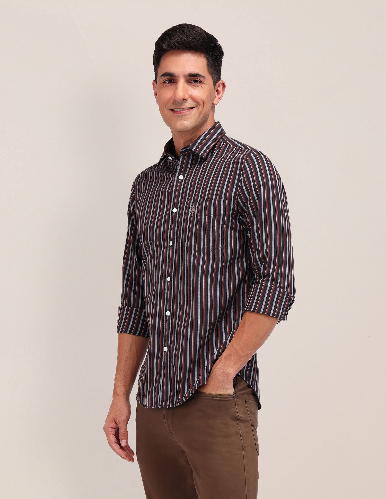 Tailored Fit Pure Cotton Shirt Dark Brown - U.S. Polo Assn. India | Large