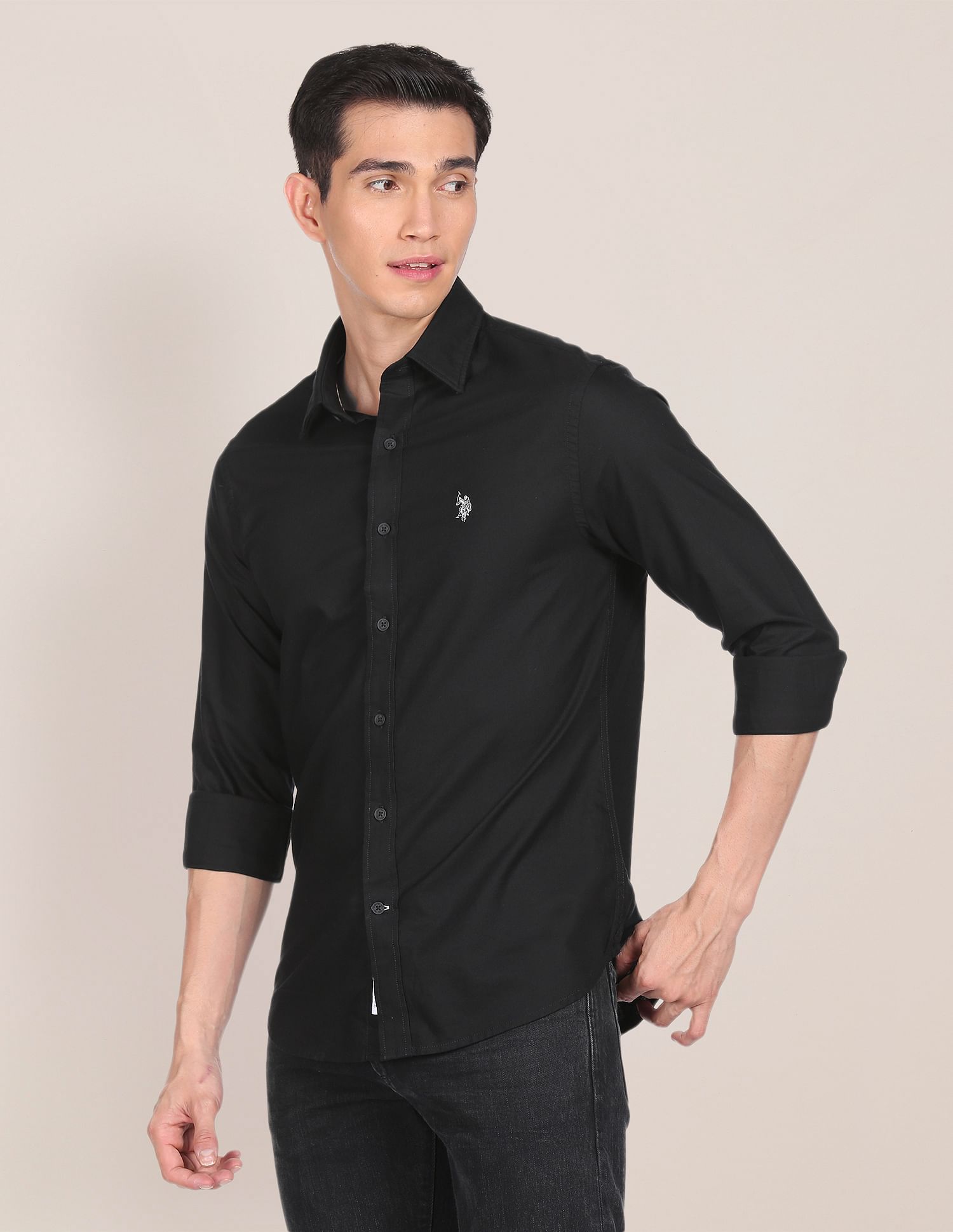 Men Black Premium Cotton Solid Casual Shirt