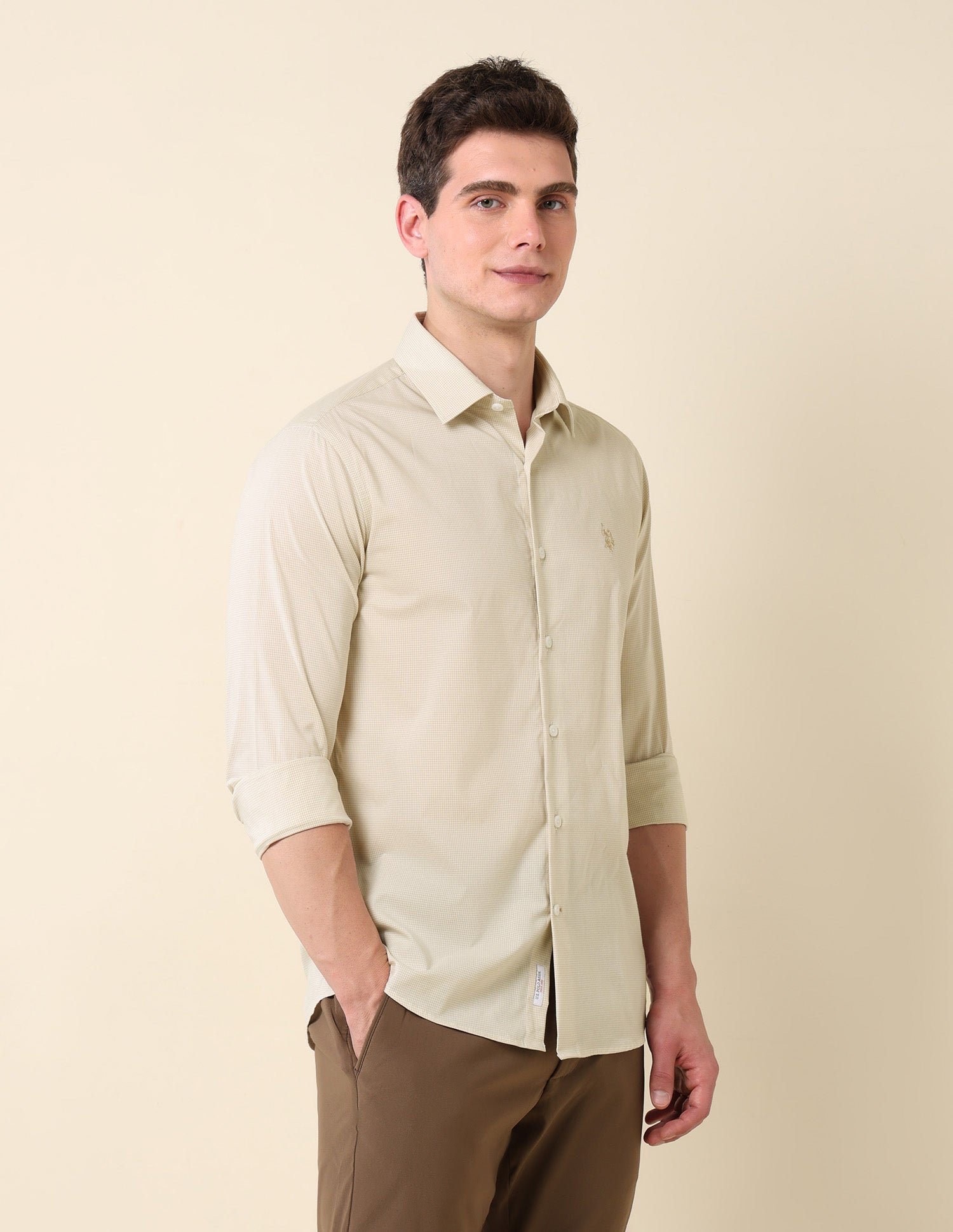 Micro Checked Tailored Fit Shirt Beige - U.S. Polo Assn. India | Large
