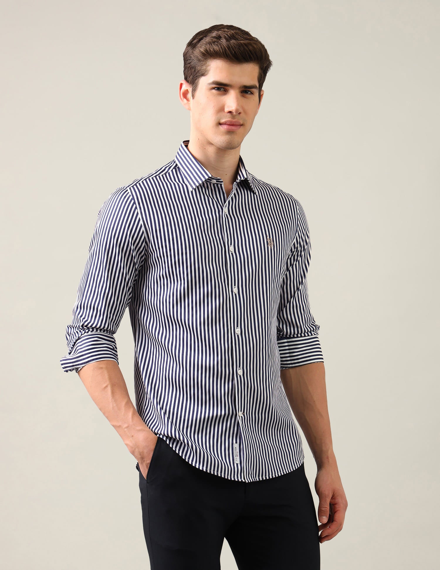 Vertical Striped Satin Shirt Blue - U.S. Polo Assn. India | Large