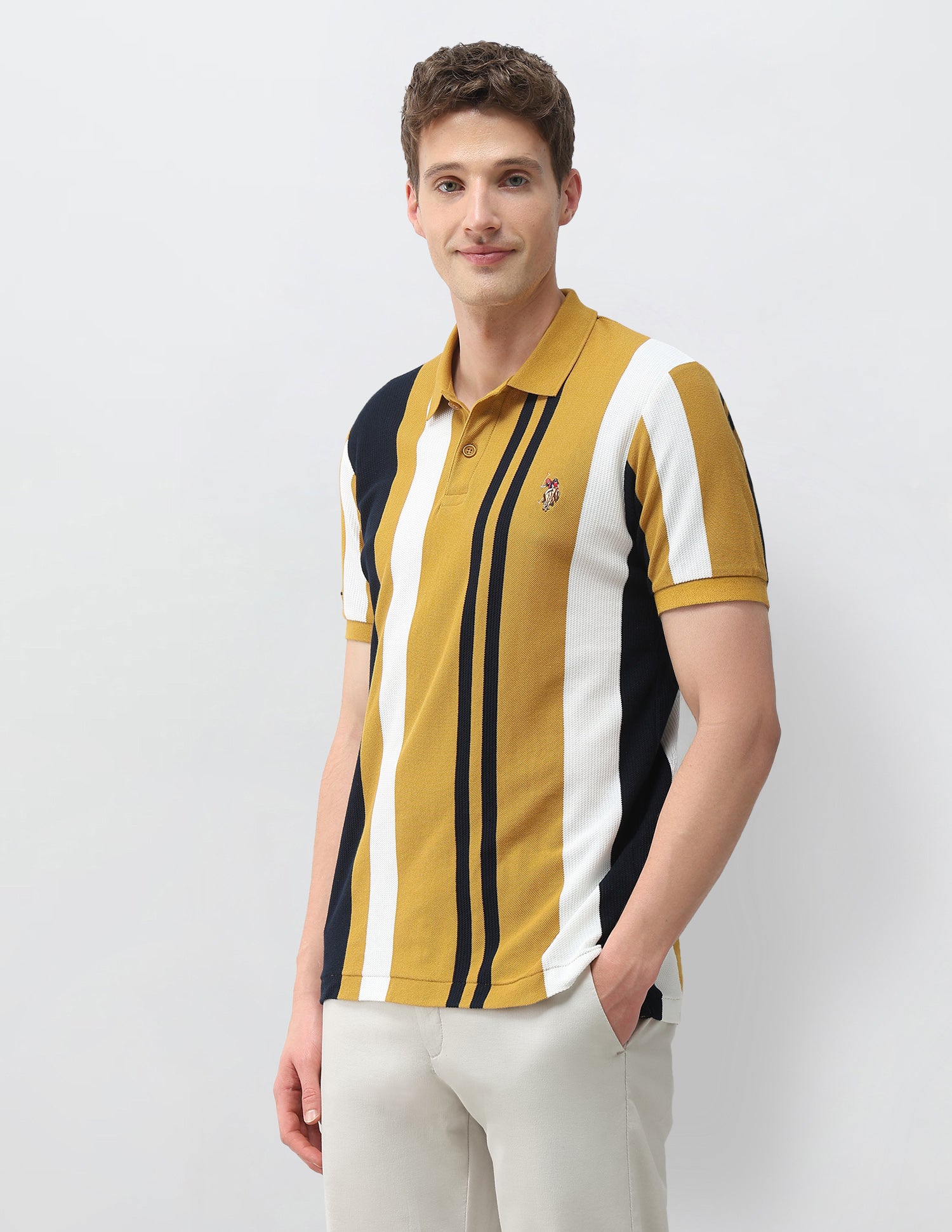 Vertical Striped Slim Fit Polo Shirt Mustard - U.S. Polo Assn. India | Large