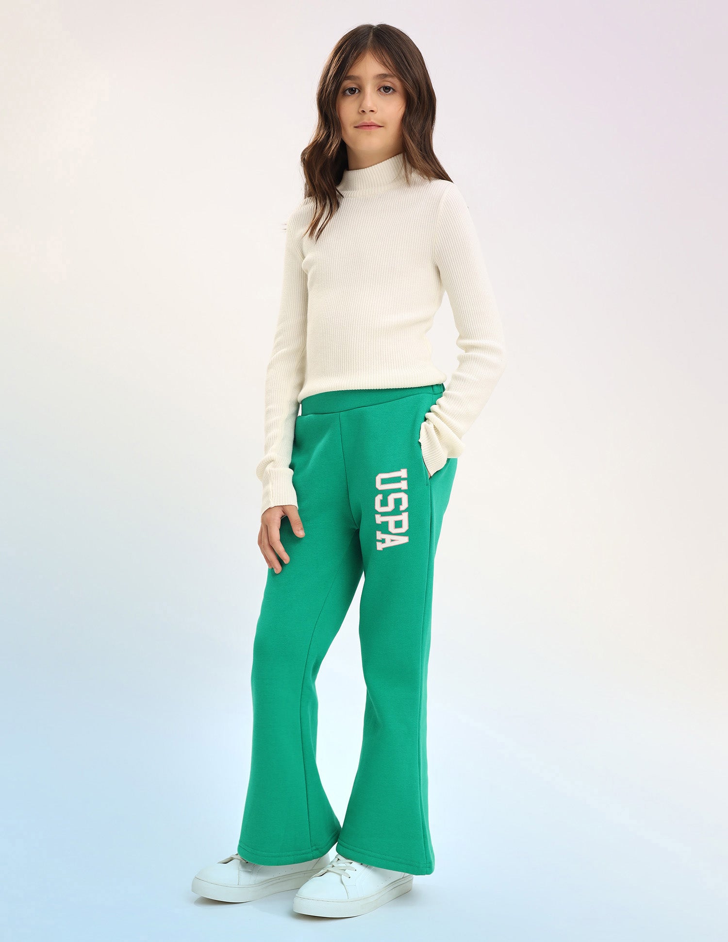 Girls Solid Regular Fit Flared Track Pants Green - U.S. POLO ASSN. | Large