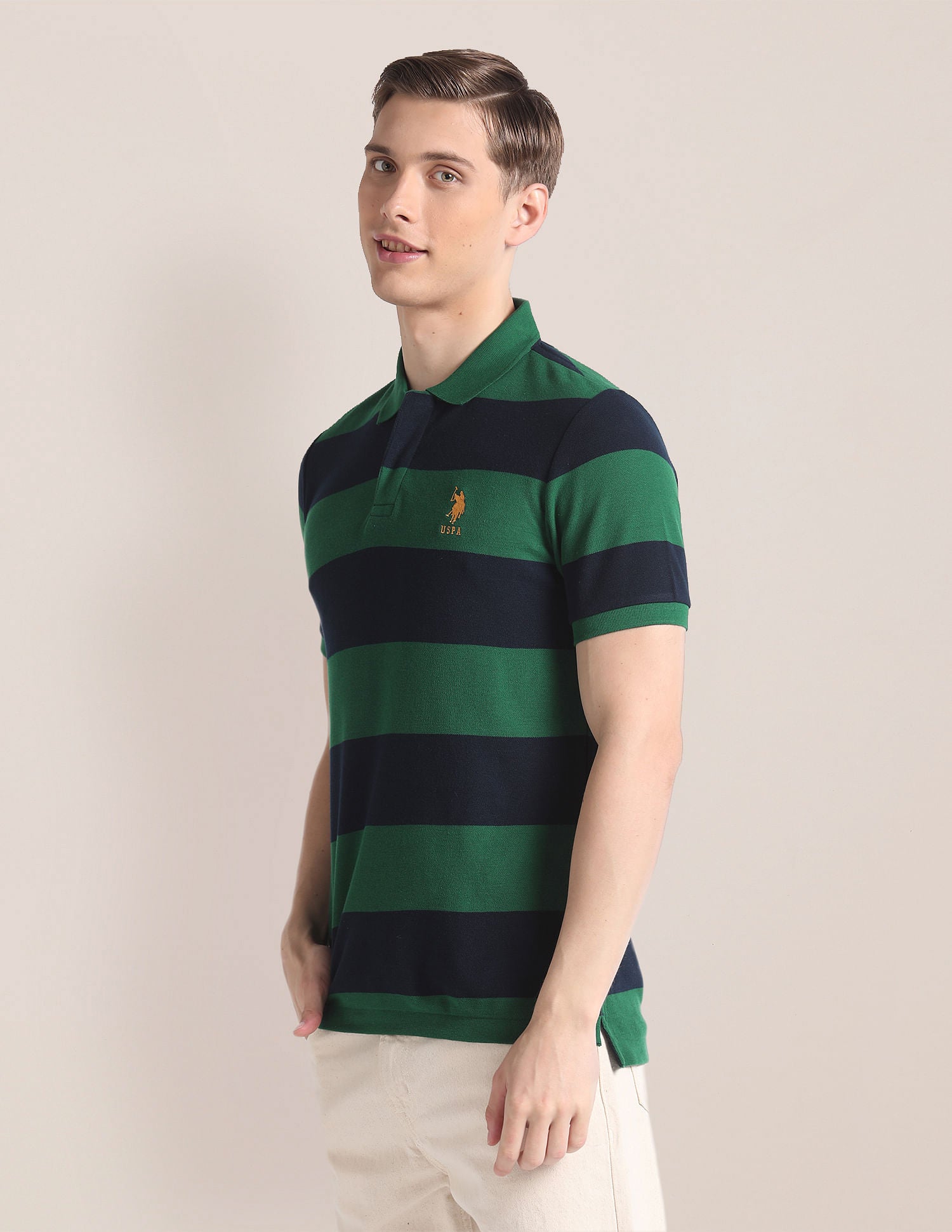 Horizontal Stripe Slim Polo Shirt Dark Green - U.S. Polo Assn. India | Large