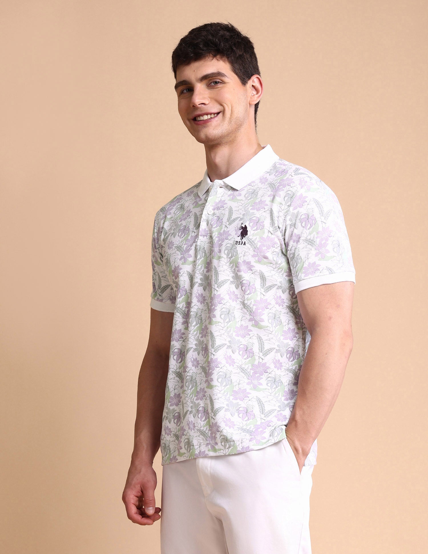 Floral Printed Slim Fit Polo Shirt White - U.S. POLO ASSN. | Large