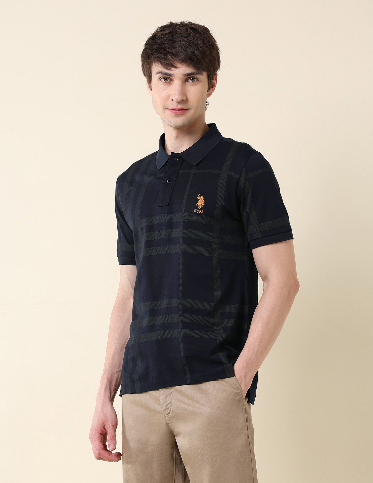 Checked Pure Cotton Varsity Polo Shirt Navy - U.S. Polo Assn. India | Large