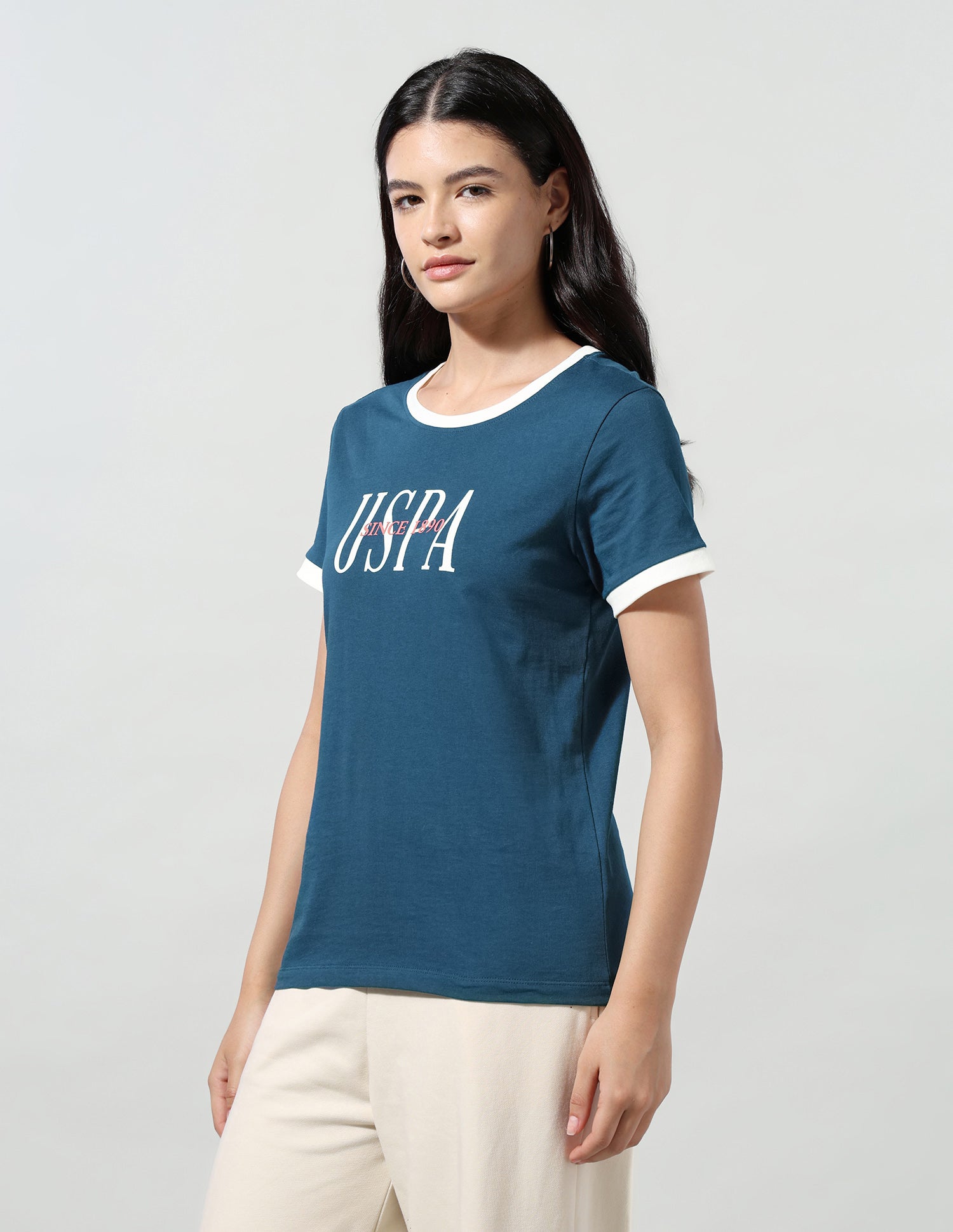 Brand Printed Regular Fit Ringer T-Shirt Teal - U.S. Polo Assn. India | Large