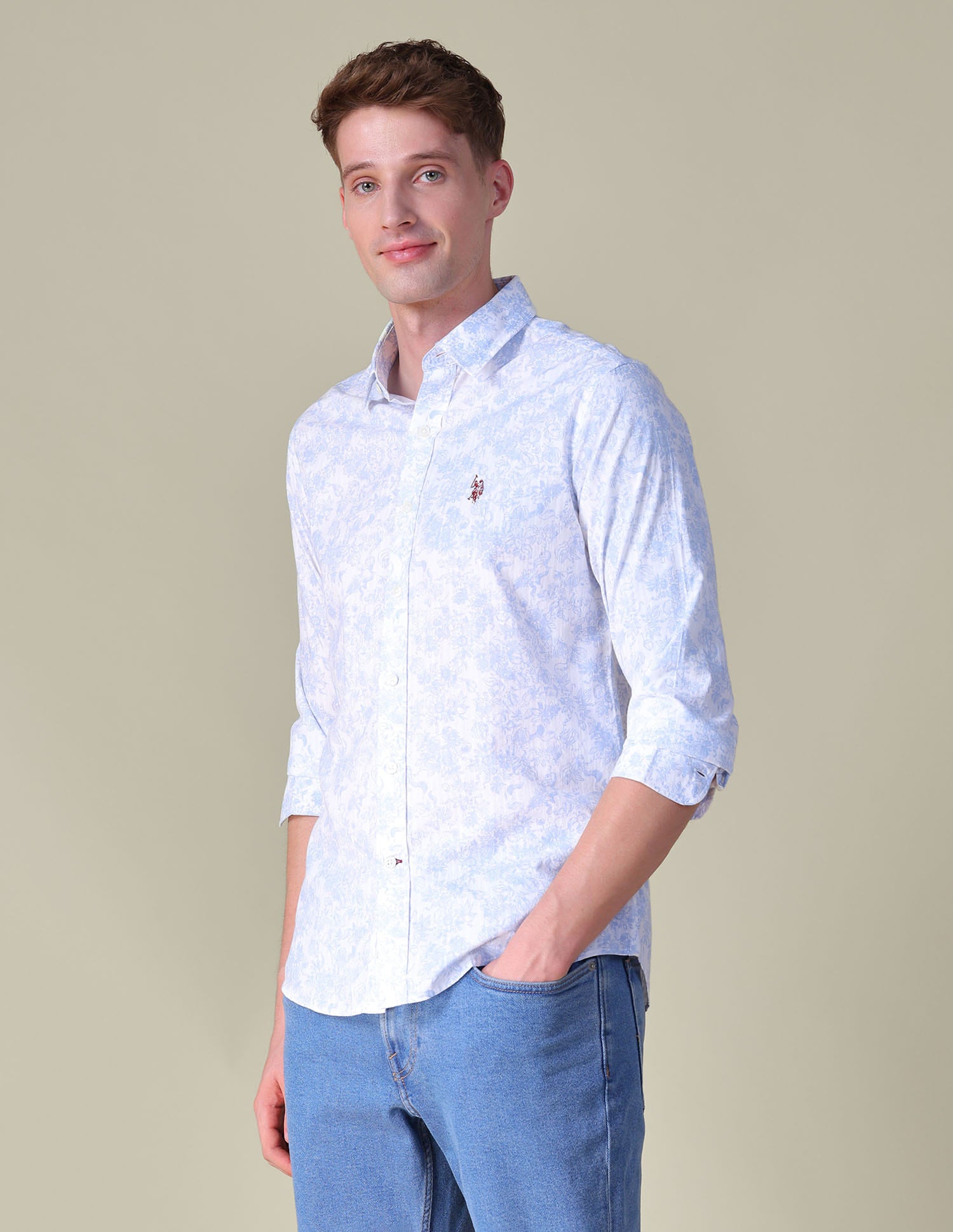 Floral Printed Tailored Fit Shirt Light Blue - U.S. Polo Assn. India | Large