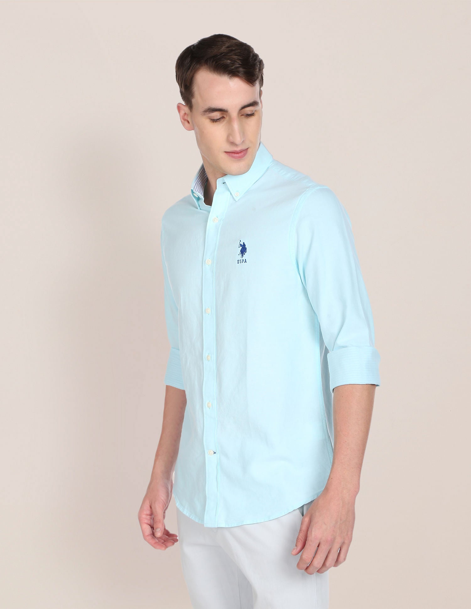 Men Aqua Solid Twill Weave Casual Shirt Aqua - U.S. POLO ASSN. | Large