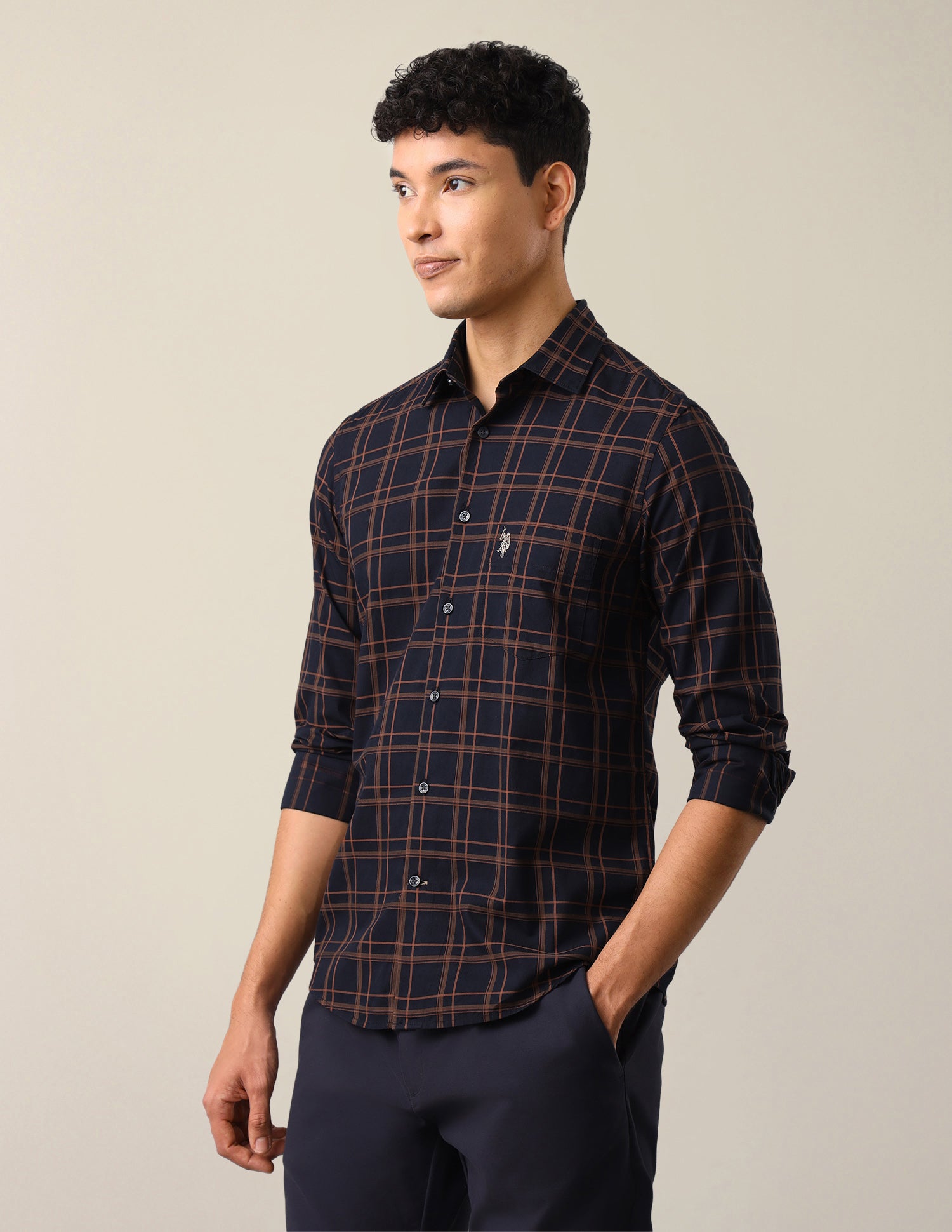 Grid Tattersall Checked Tailored Fit Shirt Navy - U.S. Polo Assn. India | Large