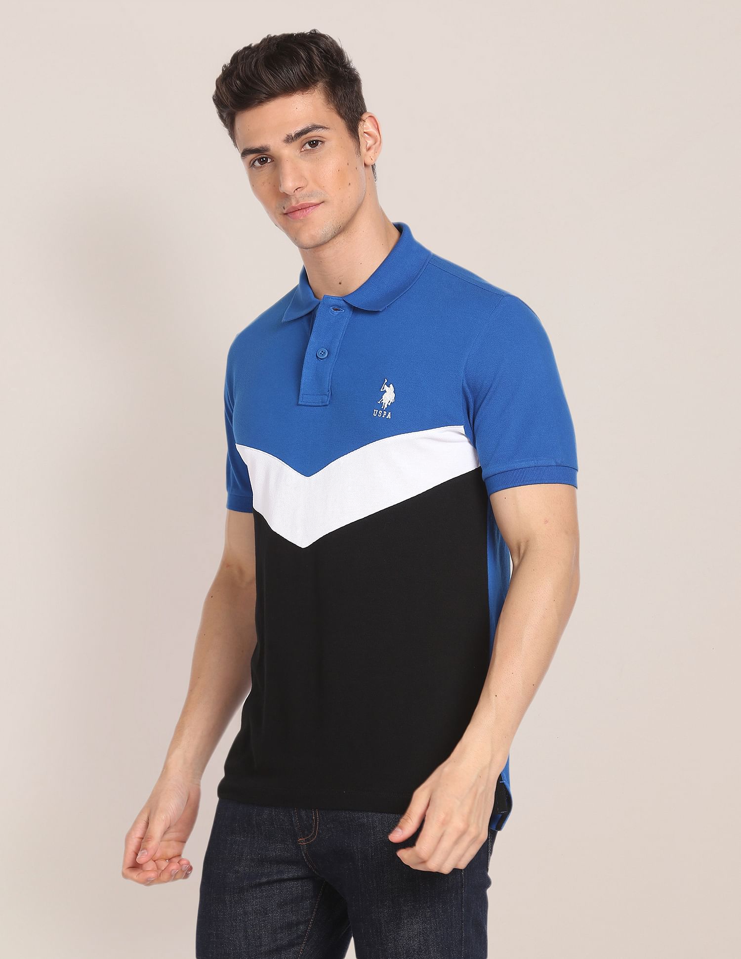 Colour Block Cotton Polo Shirt Blue and Black - U.S. Polo Assn. India | Large