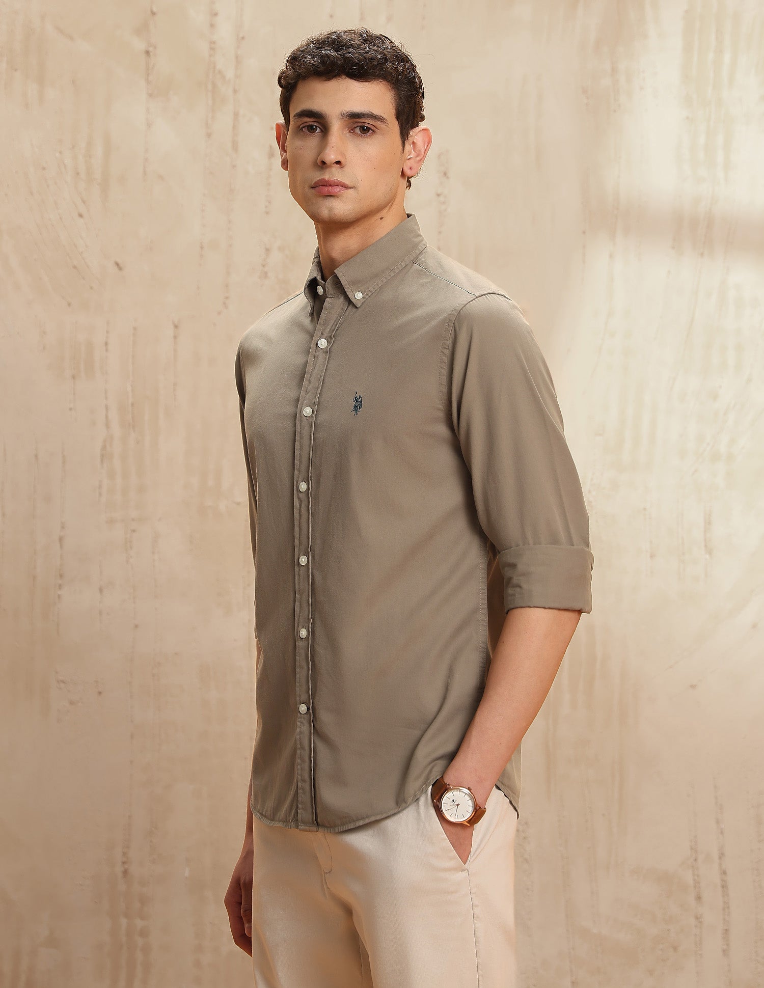 Solid Button-Down Shirt Khaki - U.S. POLO ASSN. | Large