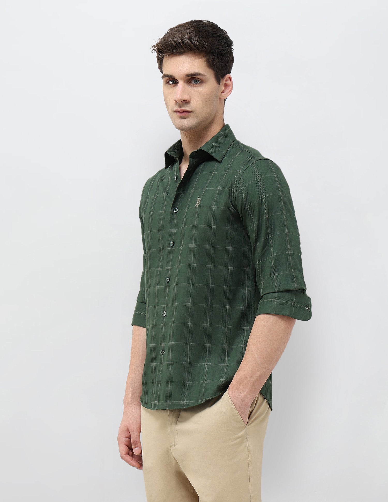 Textured With Grid Checked Dobby Shirt Green - U.S. POLO ASSN. | Large