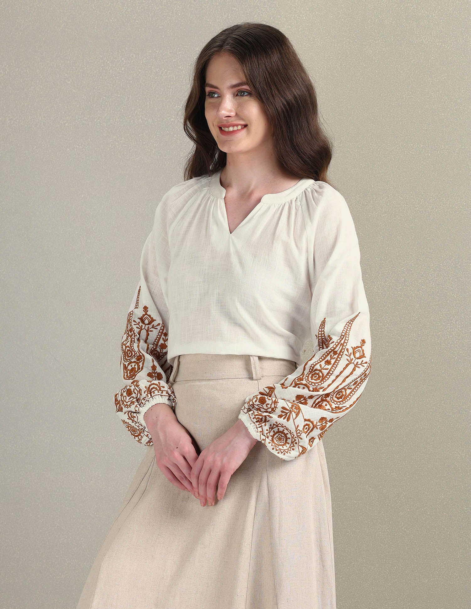Cotton Flax Embroidered Blouson Top White - U.S. Polo Assn. India | Large