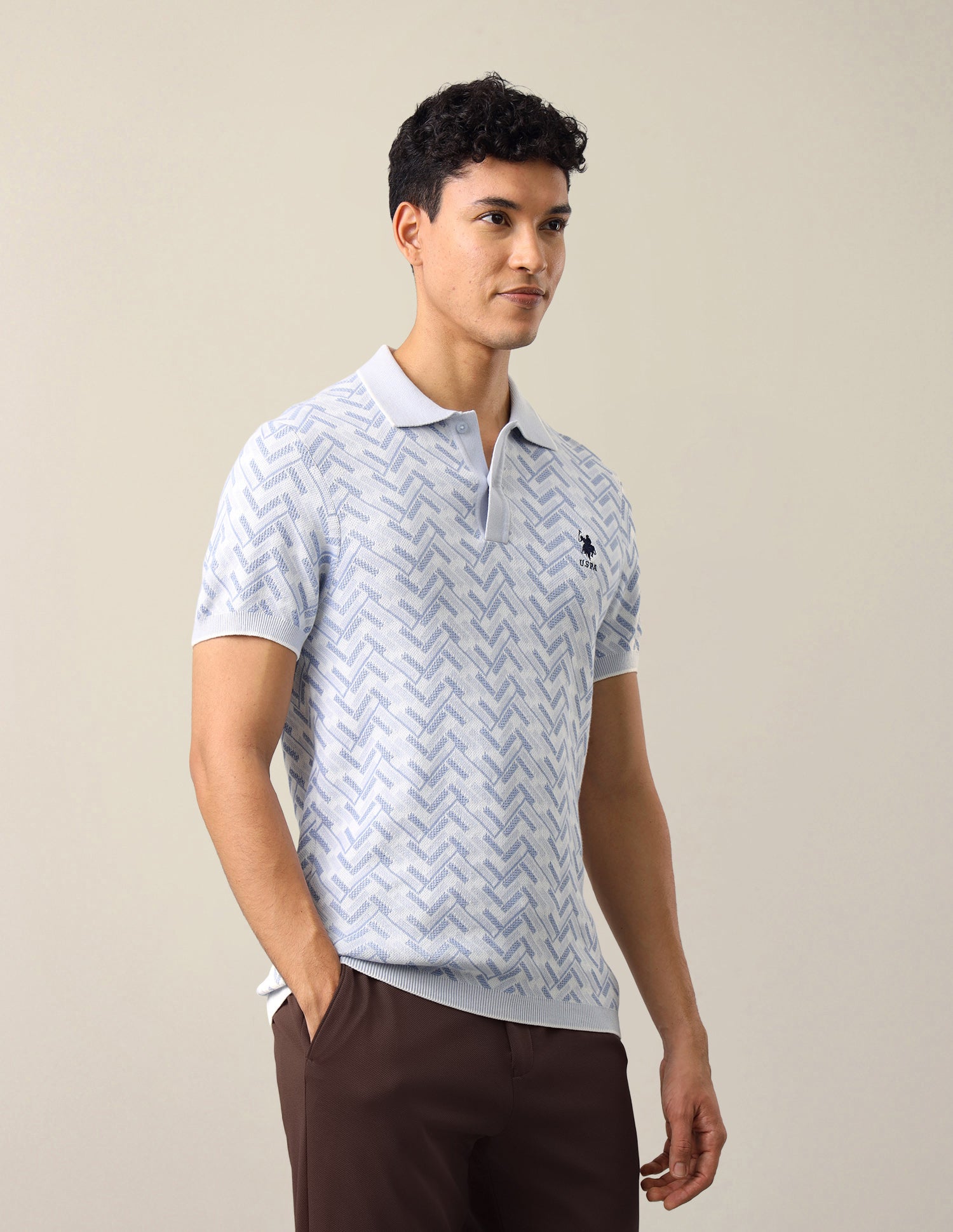 Geometric Patterned Knit Slim Fit Polo Shirt Blue - U.S. Polo Assn. India | Large