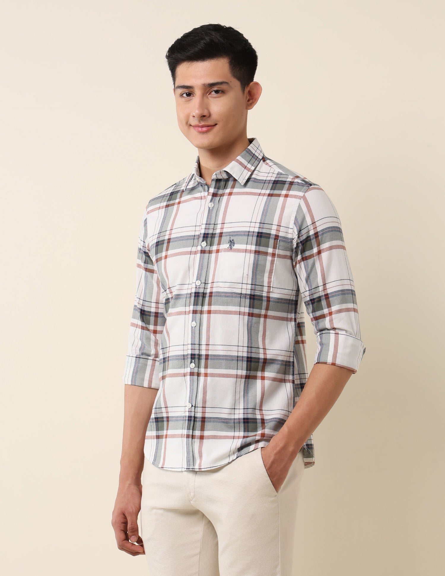 Plaid Checked Pure Cotton Shirt Off White - U.S. Polo Assn. India | Large