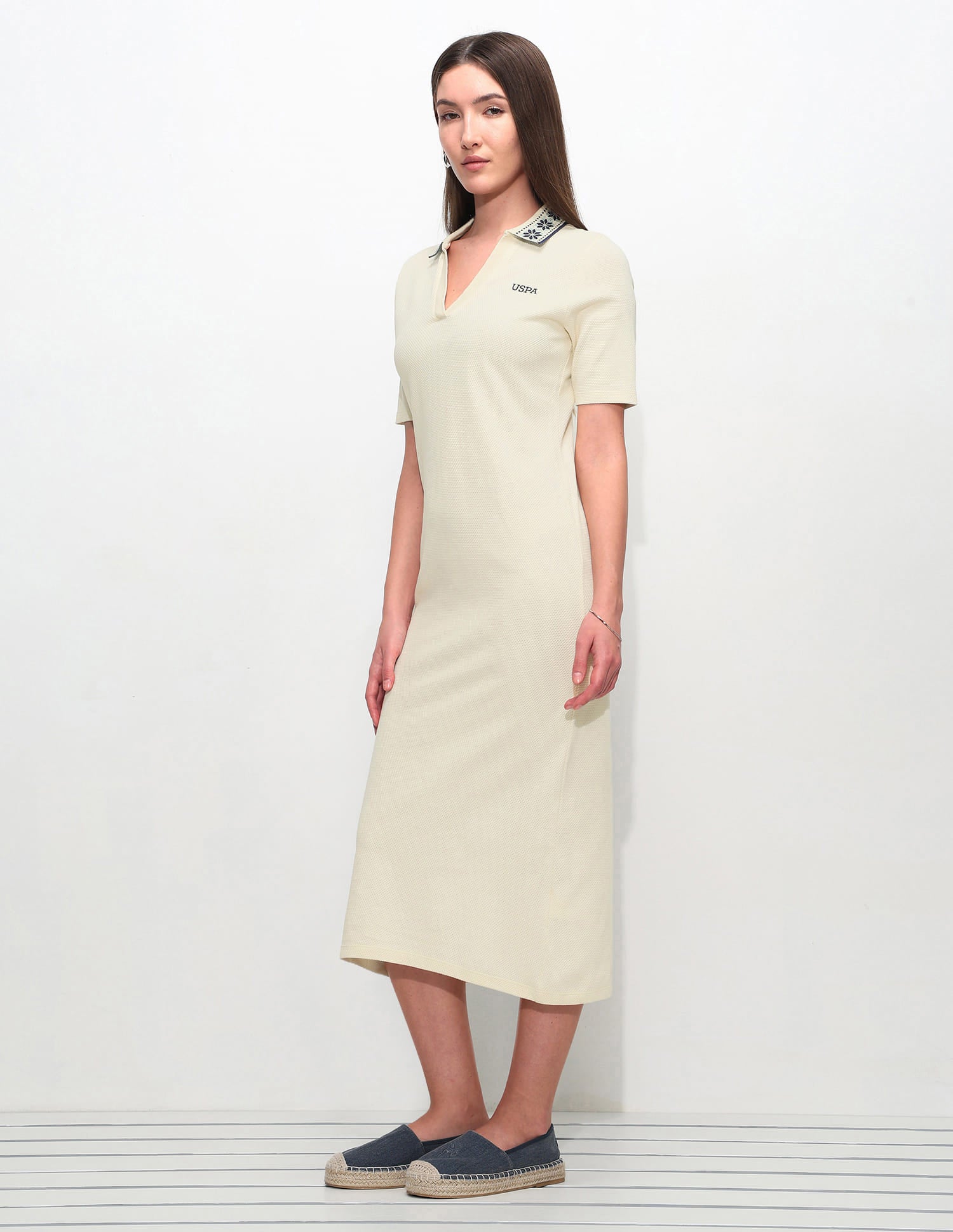 Jacquard Collar Textured Polo Shirt Dress Ecru - U.S. Polo Assn. India | Large