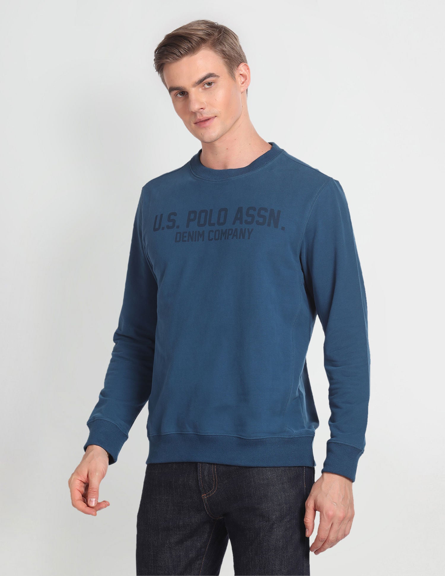 Brand Print Crew Neck Sweatshirt Teal - U.S. Polo Assn. India | Large