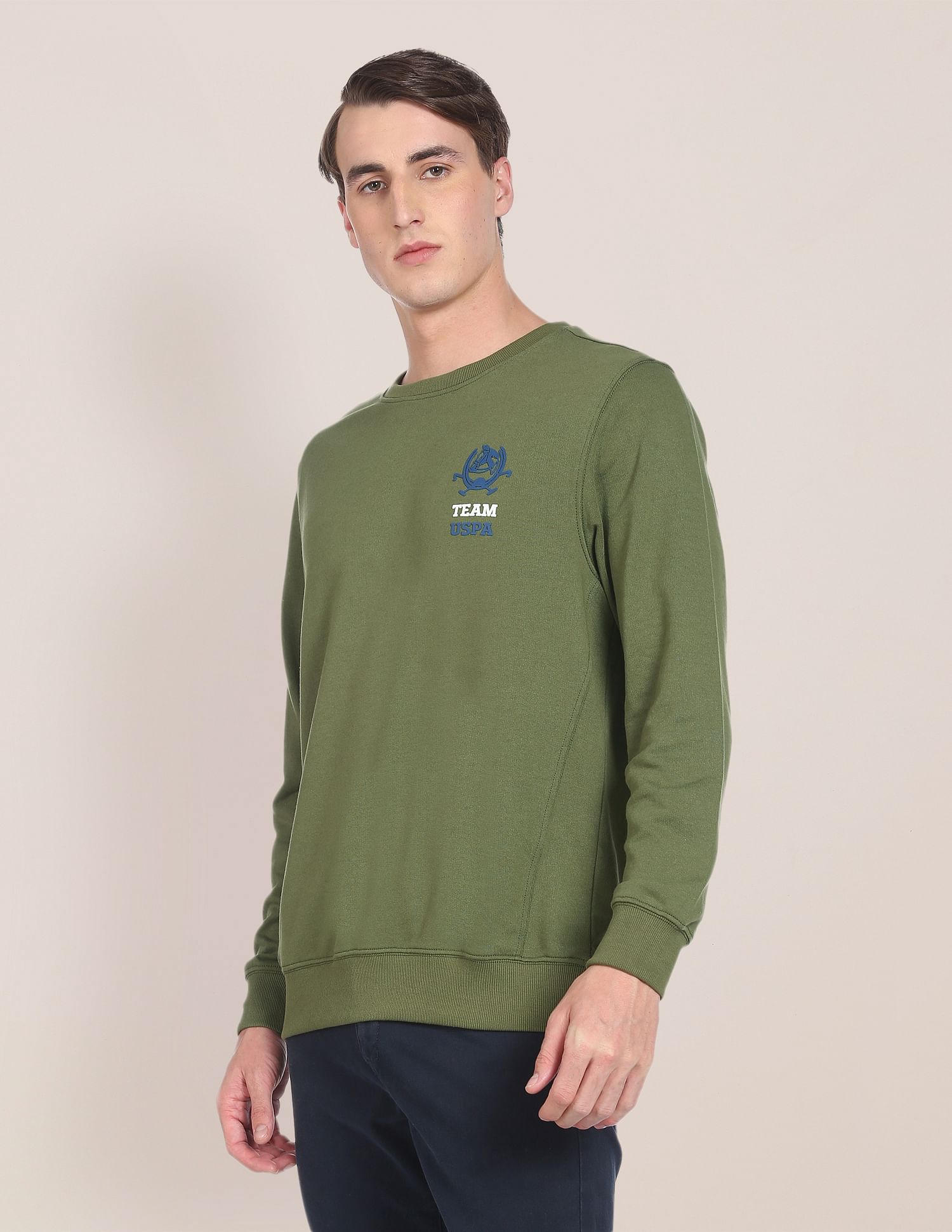 Crew Neck Solid Sweatshirt Olive - U.S. POLO ASSN. | Large