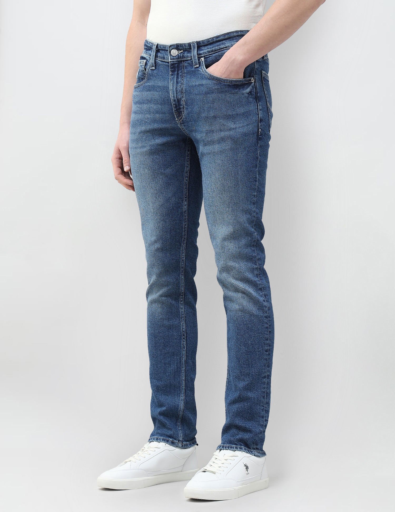 Whiskered Brandon Slim Tapered Fit Jeans Mid Blue - U.S. Polo Assn. India | Large