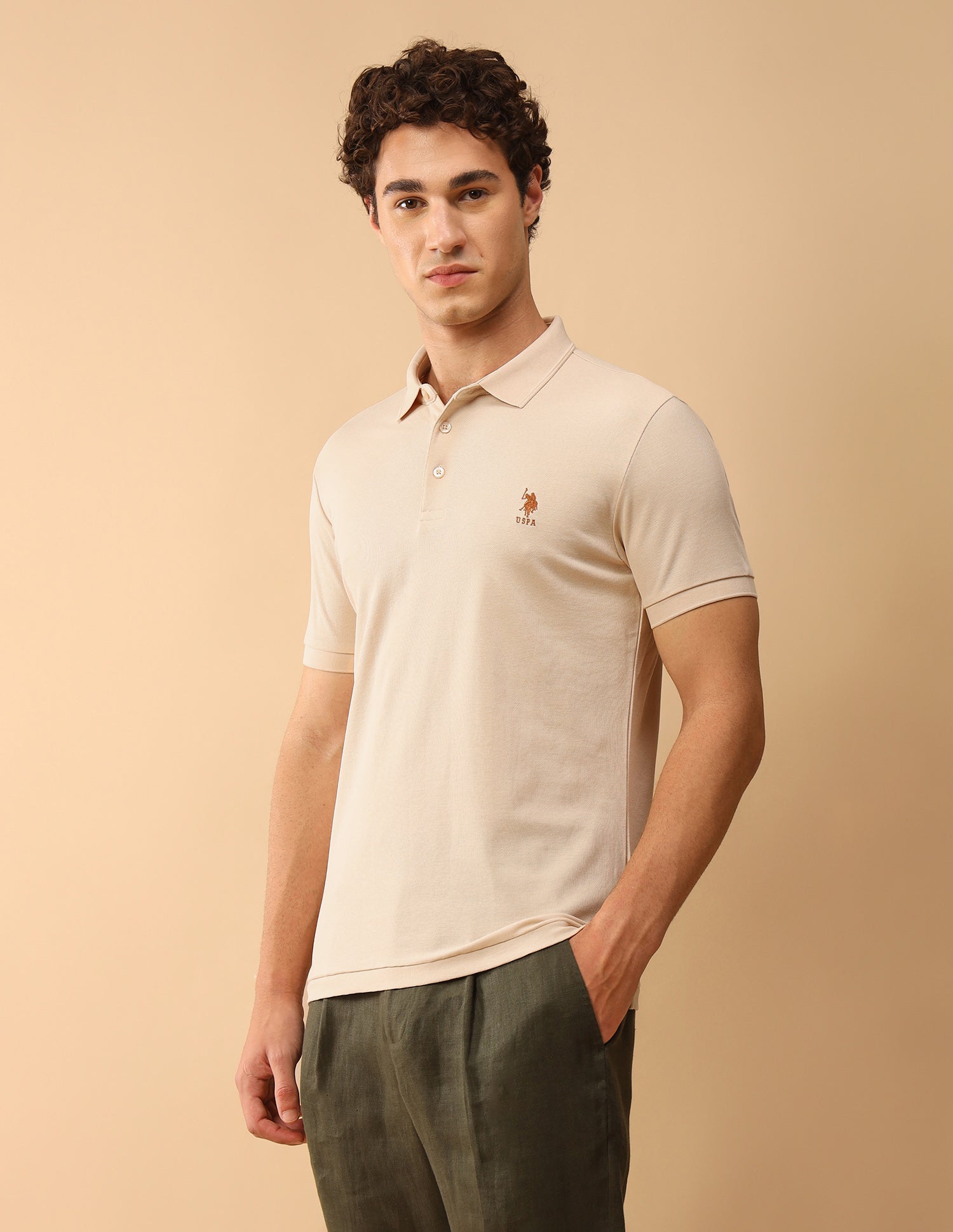 Pacho X Slim Fit Solid Polo Shirt Beige - U.S. Polo Assn. India | Large
