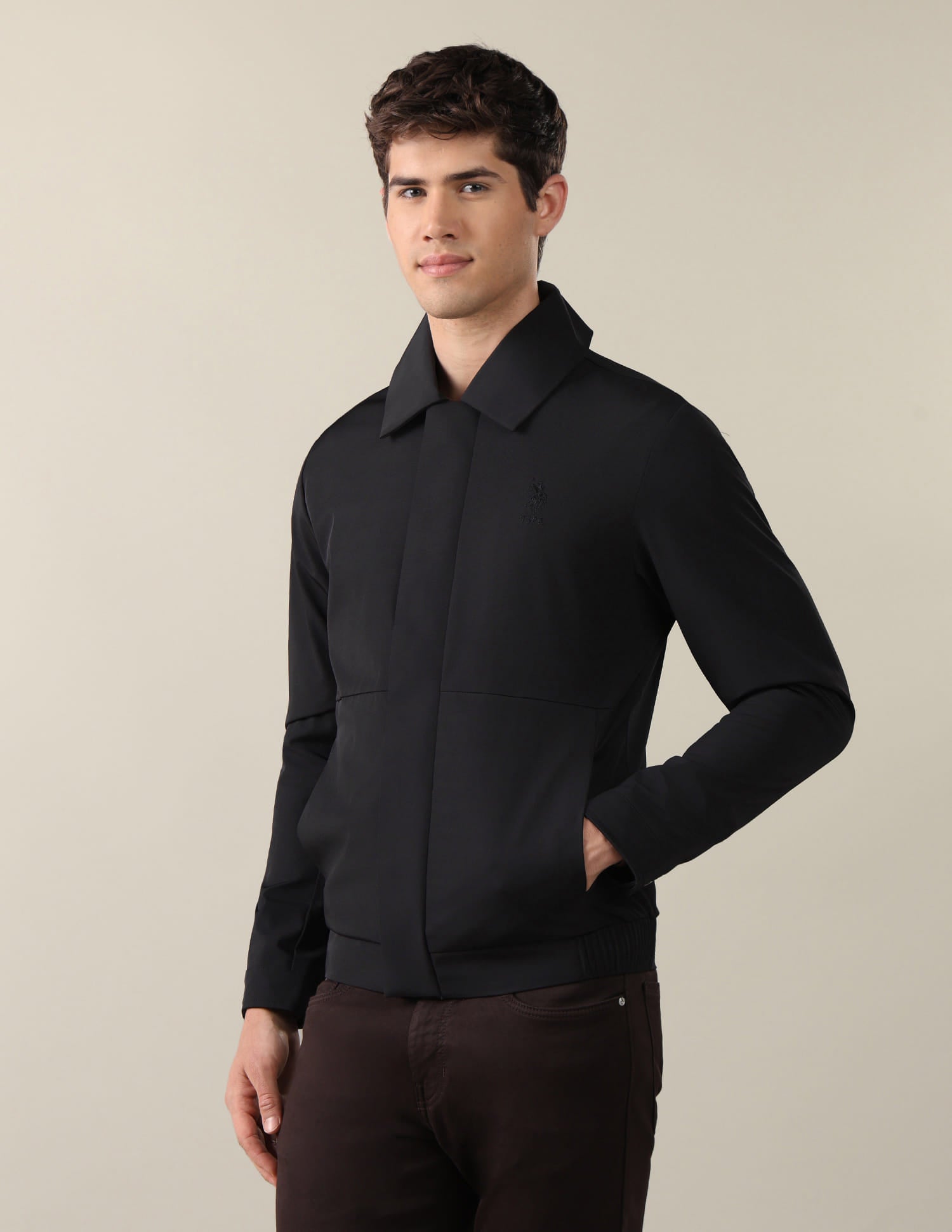 Solid Regular Fit Bomber Jacket Black - U.S. Polo Assn. India | Large