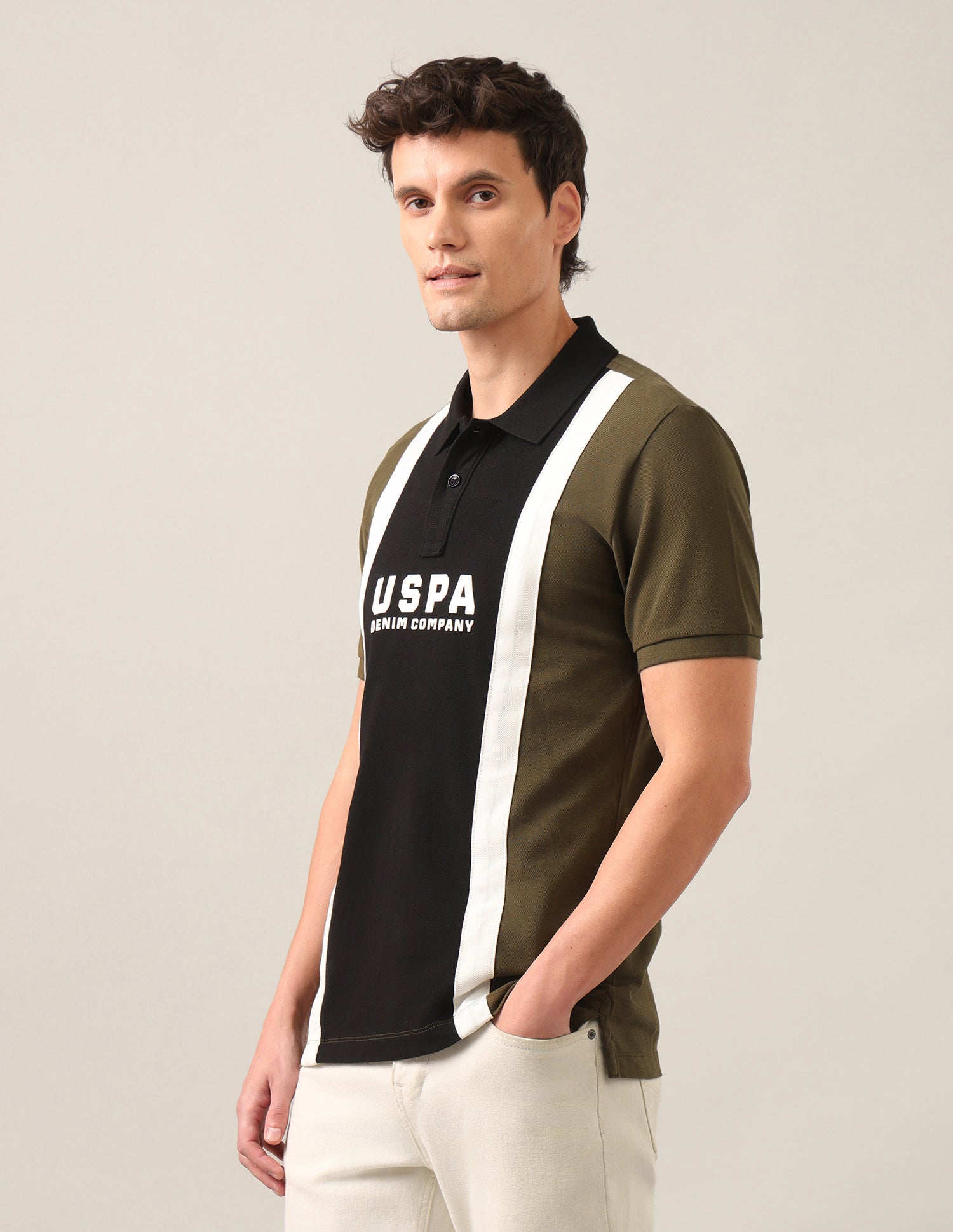 Colourblocked With Brand Printed Slim Fit Polo Shirt Olive - U.S. Polo Assn. India | Large