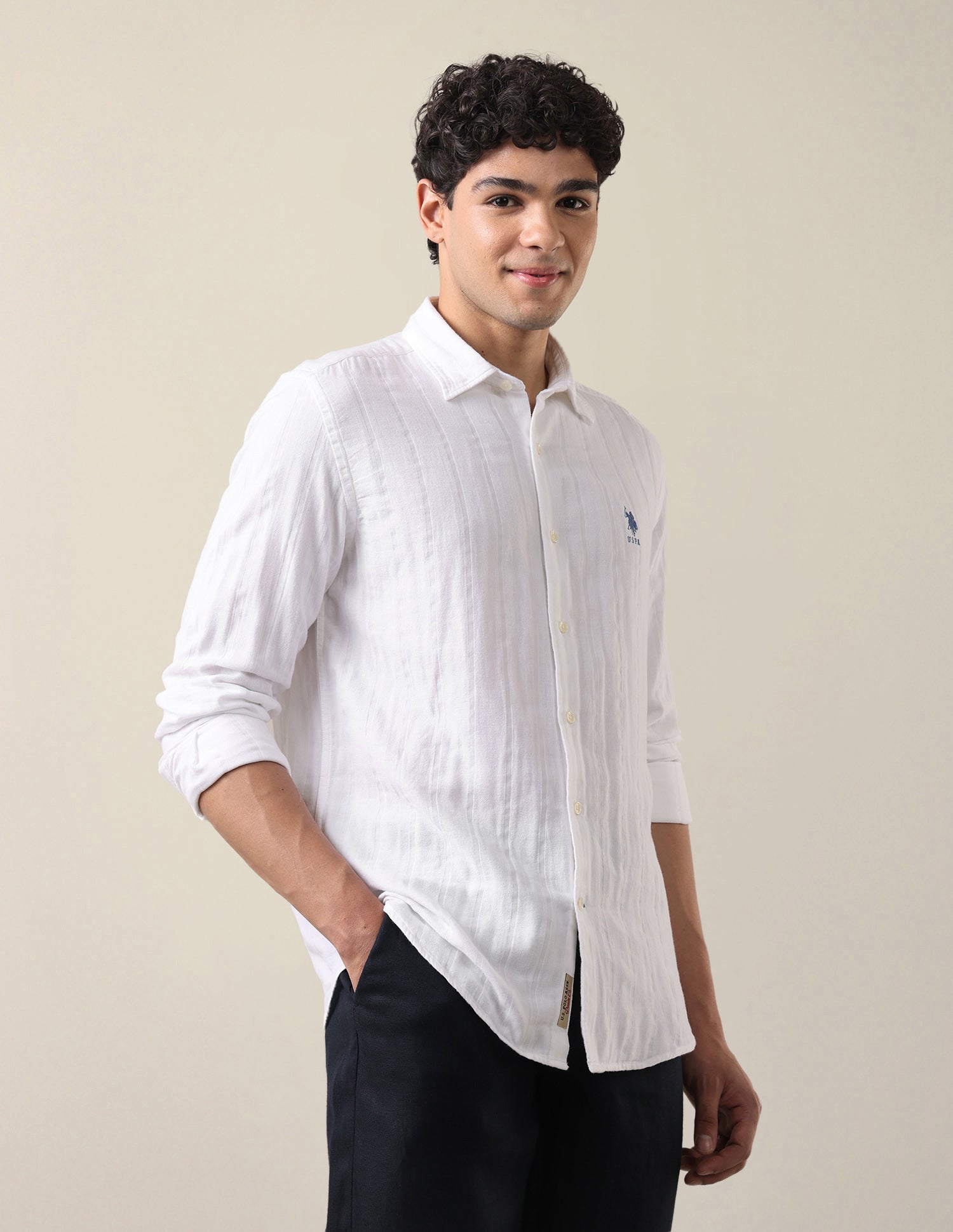 Self Design Vertical Striped Regular Fit Shirt White - U.S. Polo Assn. India | Large