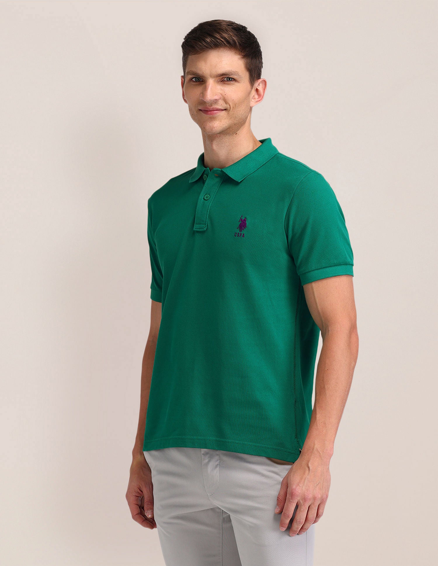 Pure Cotton Solid Slim Fit Polo Shirt Green - U.S. POLO ASSN. | Large